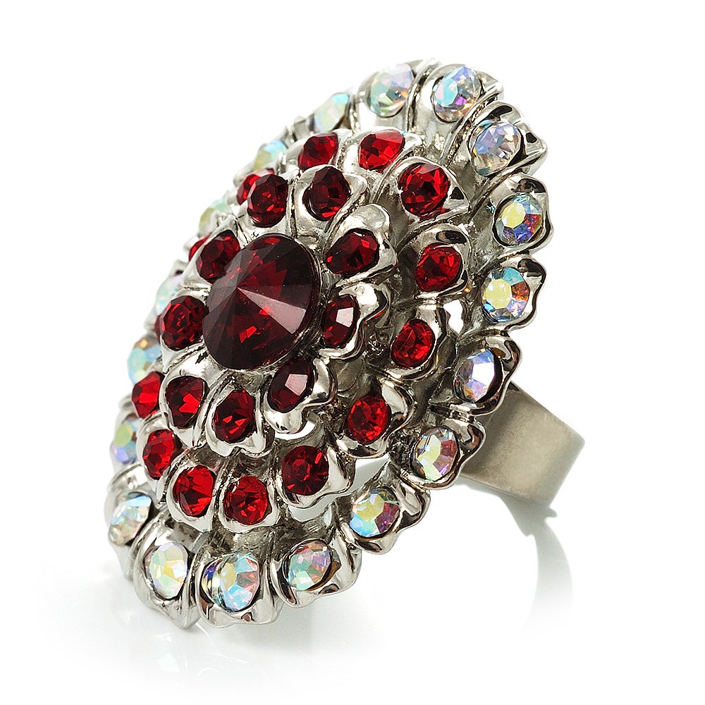 Avalaya35mm L/Large Oval Shaped Red Crystal Cocktail Ring/Rhodium Plated/Adjustable