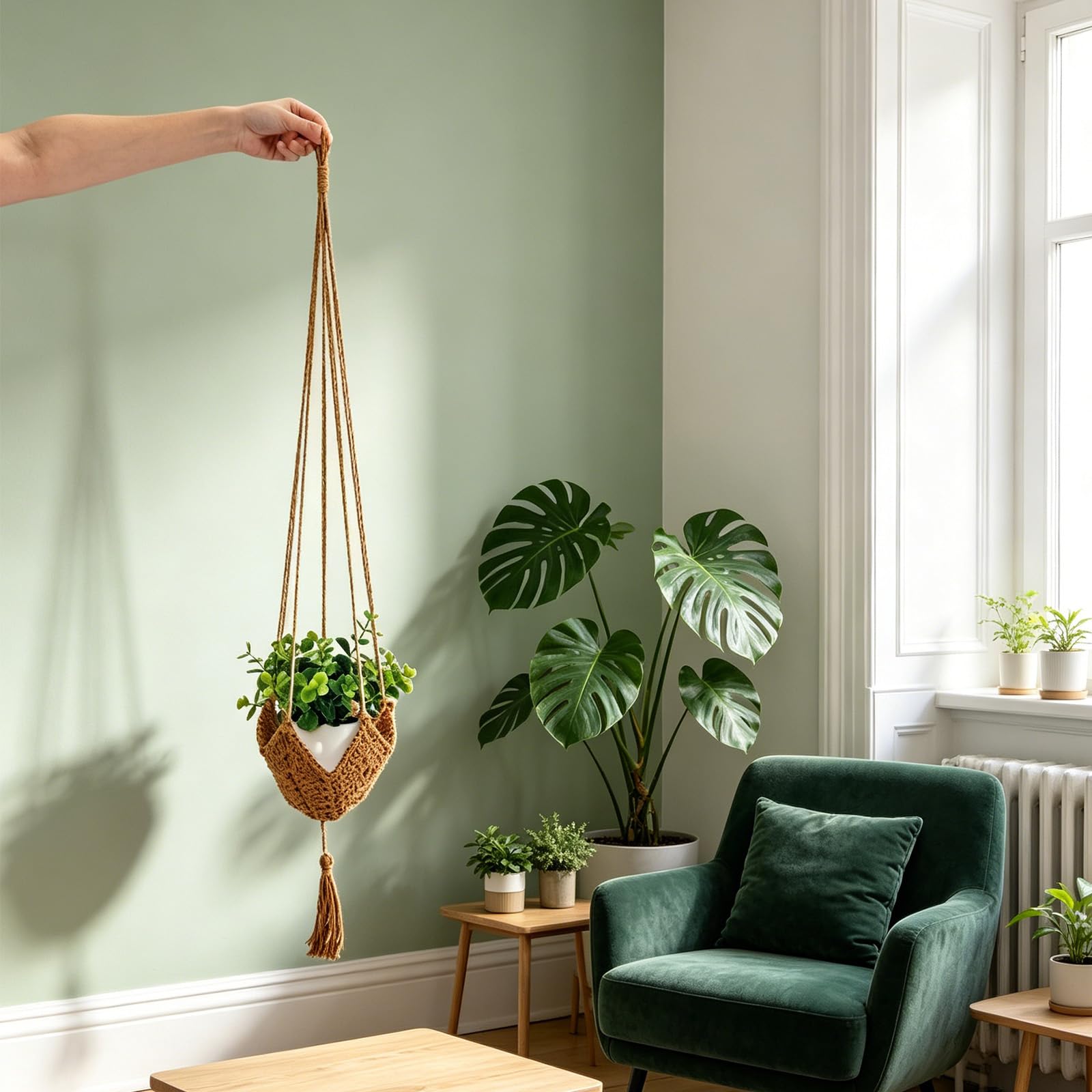 6 Suspension pour Plante Longue en Jute Crochetée pour Pots de 12 à 18cm 6 Couleur de Support à Plantes en Macramé Polyester Panier Suspendu avec Pompon pour la Décoration Intérieure