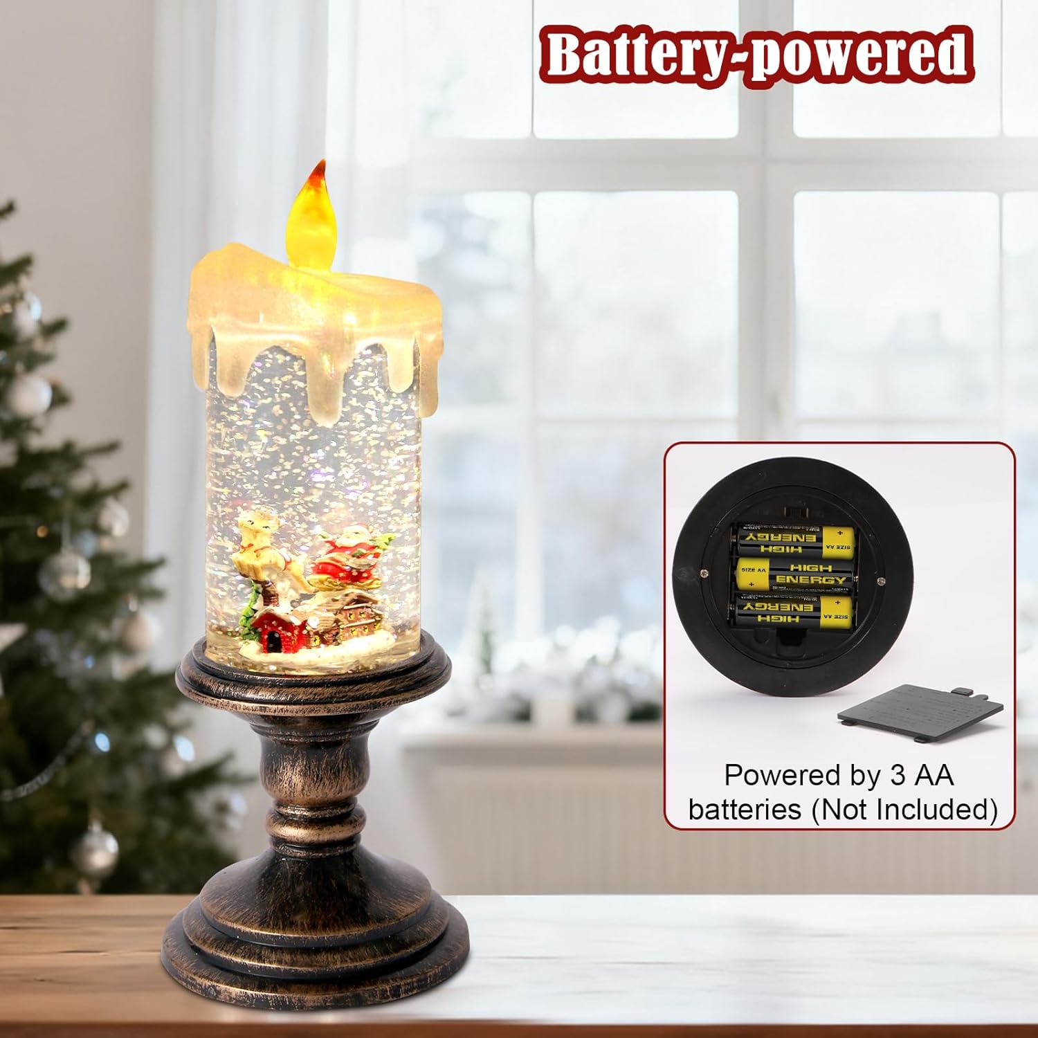 サンタキャンデル スノードーム 水で満たされた渦巻くグリッターミュージカルランタン LED ウォータースピナーランタン タイマー付き