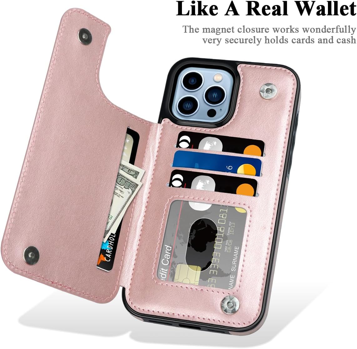 MMHUO for iPhone 15 Pro Max Case with Card Holder,Flower Magnetic Buttons Protective Wallet Case for Women for iPhone 15 Pro Max,Rose Gold