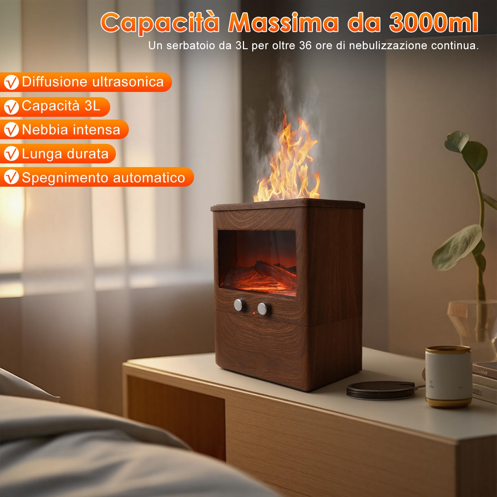 3L Diffusore di Oli Essenziali Fiamma Ultrasuoni Diffusore di Aroma con camino a LED, Aromaterapia Elettrico Profumatore per Ambienti, Casa, Yoga
