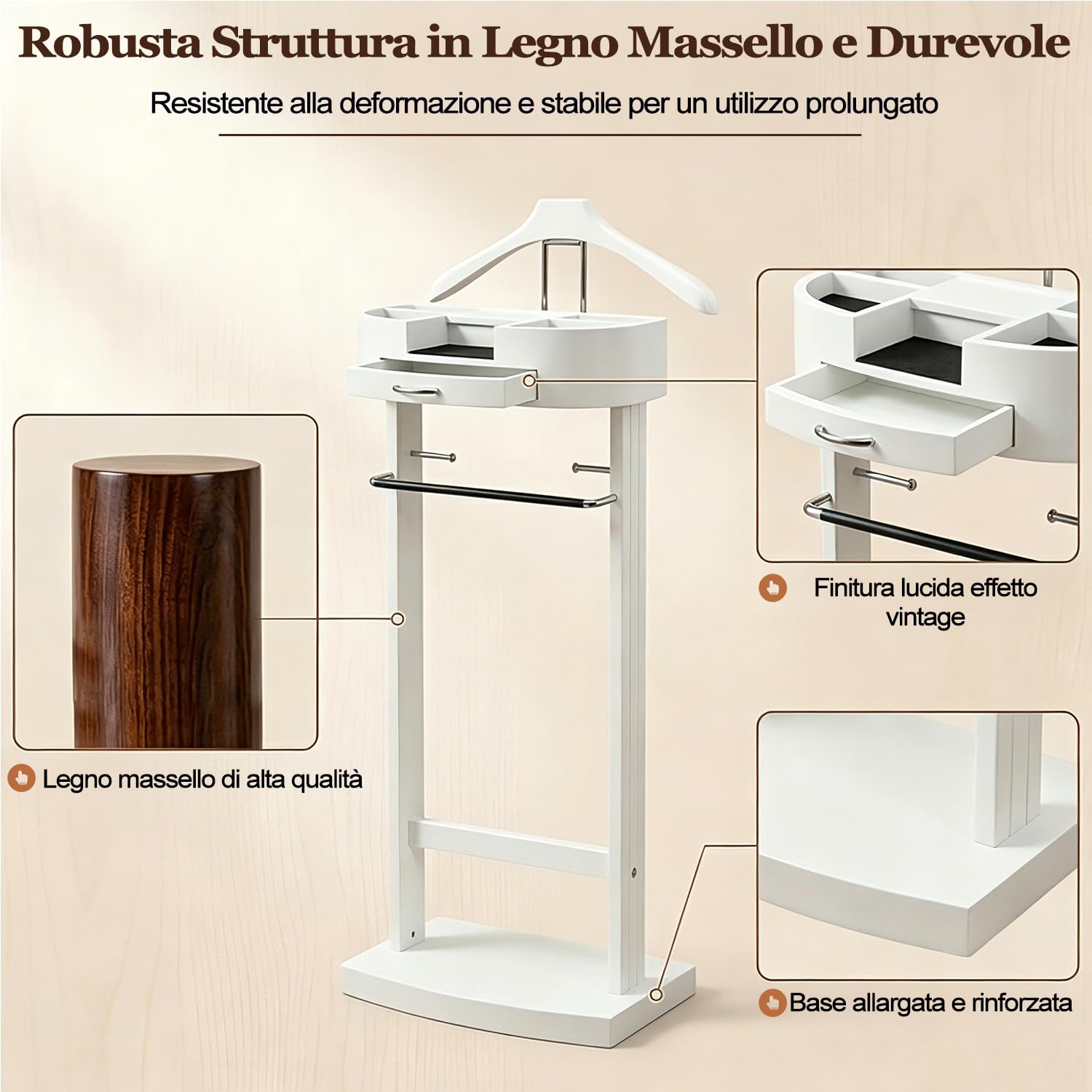 Servo Muto da Camera Moderno in Legno, Indossatore Appendiabiti，Bianco