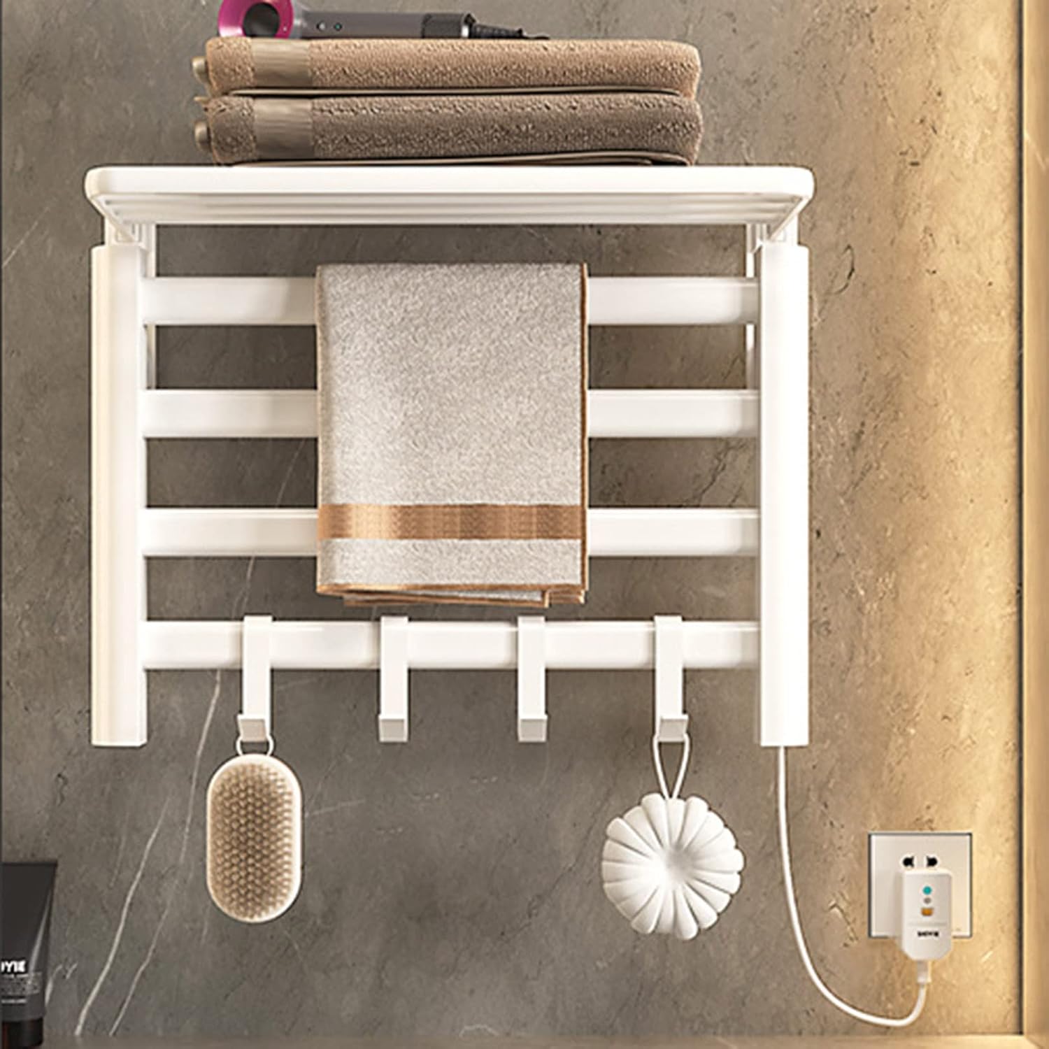 Towel Rack with Shelf & Hooks WallMounted Electric Towel