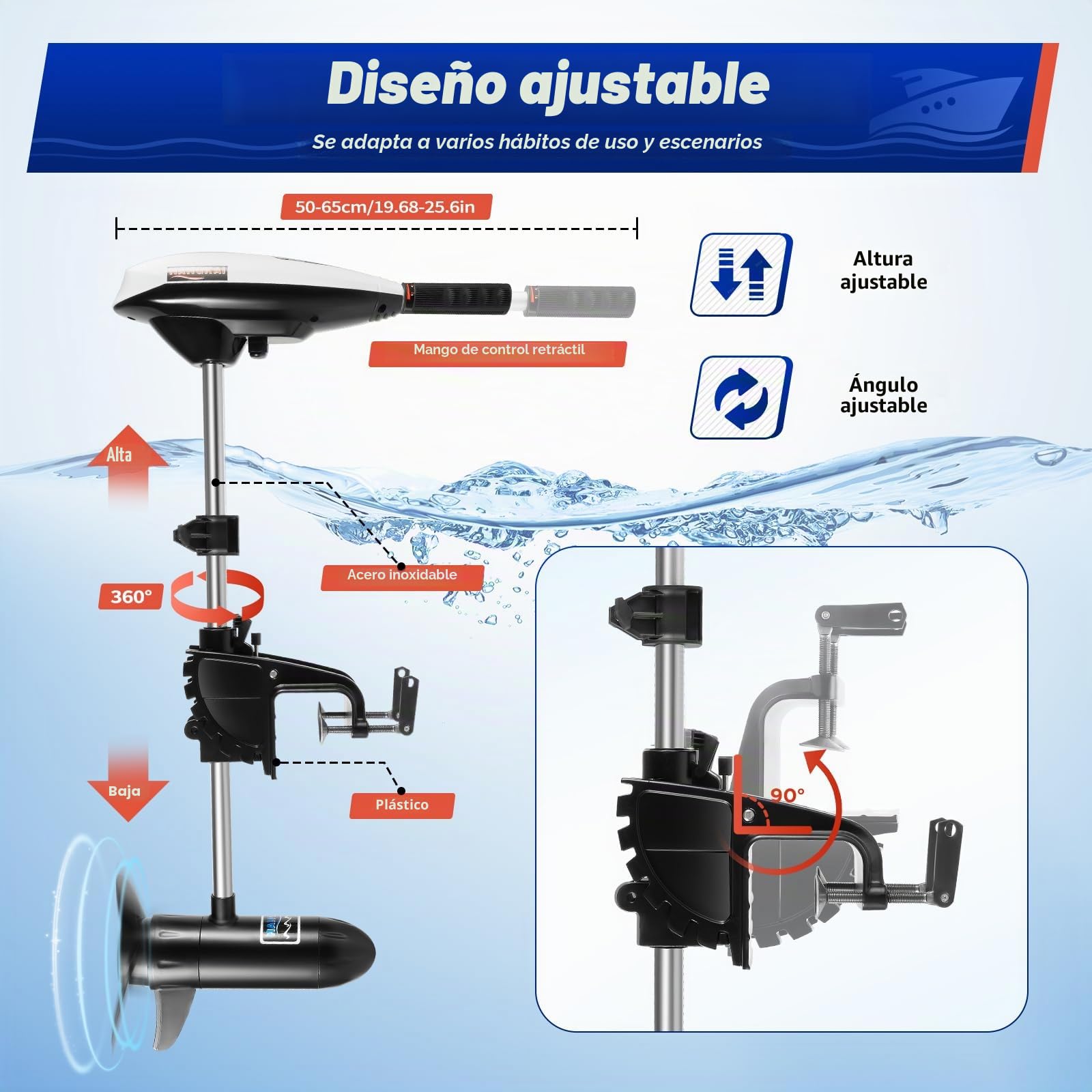 Motor fueraborda eléctrico ET65L 12V, 66lbs de empuje Motor de bote con mango telescópico, 5 marchas hacia adelante y 2 marchas hacia atrás, motor de cobre puro Hélice de 3 palas para botes neumáticos