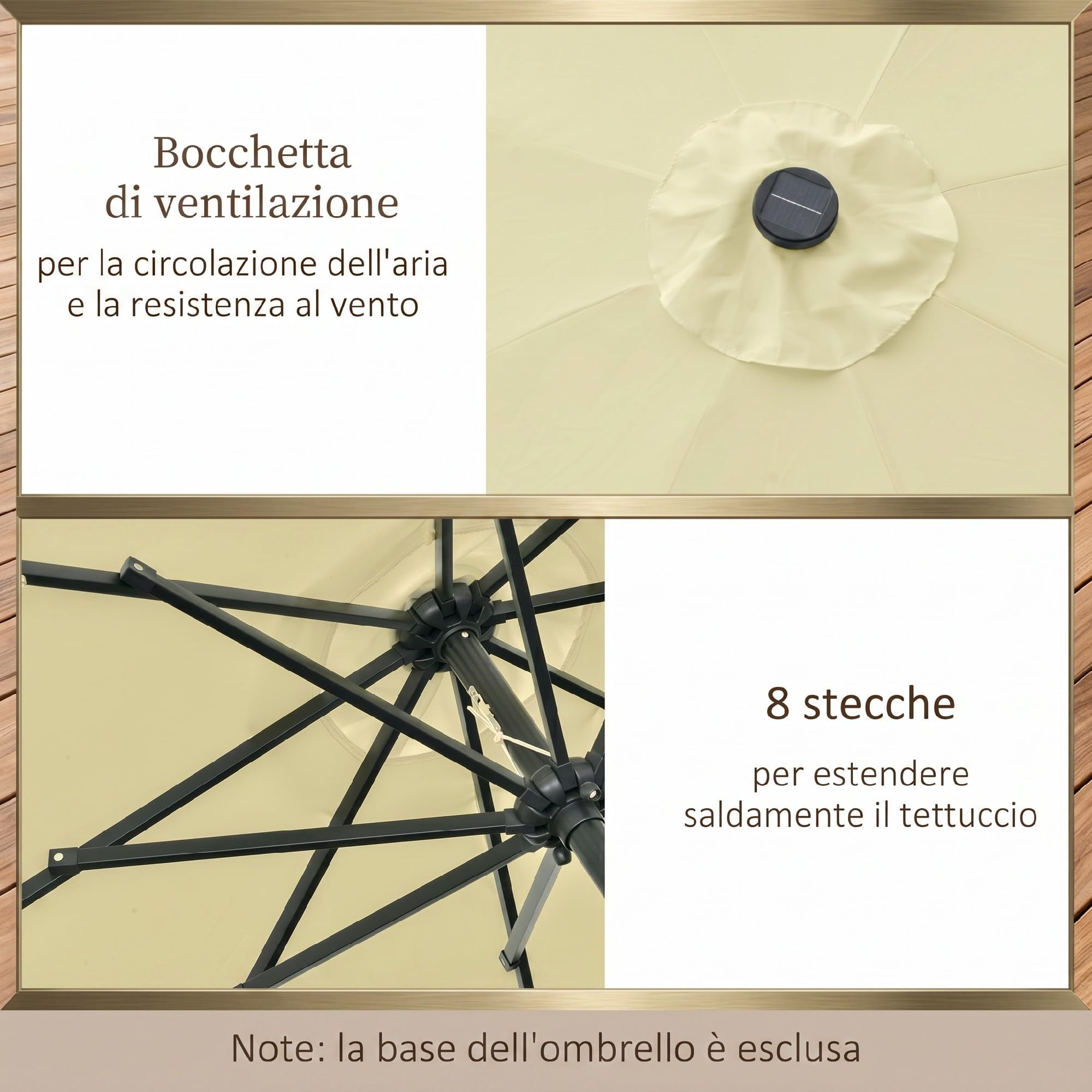 Outsunny Ombrellone da Giardino Inclinabile Ø265 cm con Manovella Beige | 32 Luci LED Solari, Ombrellone da Esterno, 8 Stecche, Acciaio e Poliestere, per Terrazza Balcone Patio