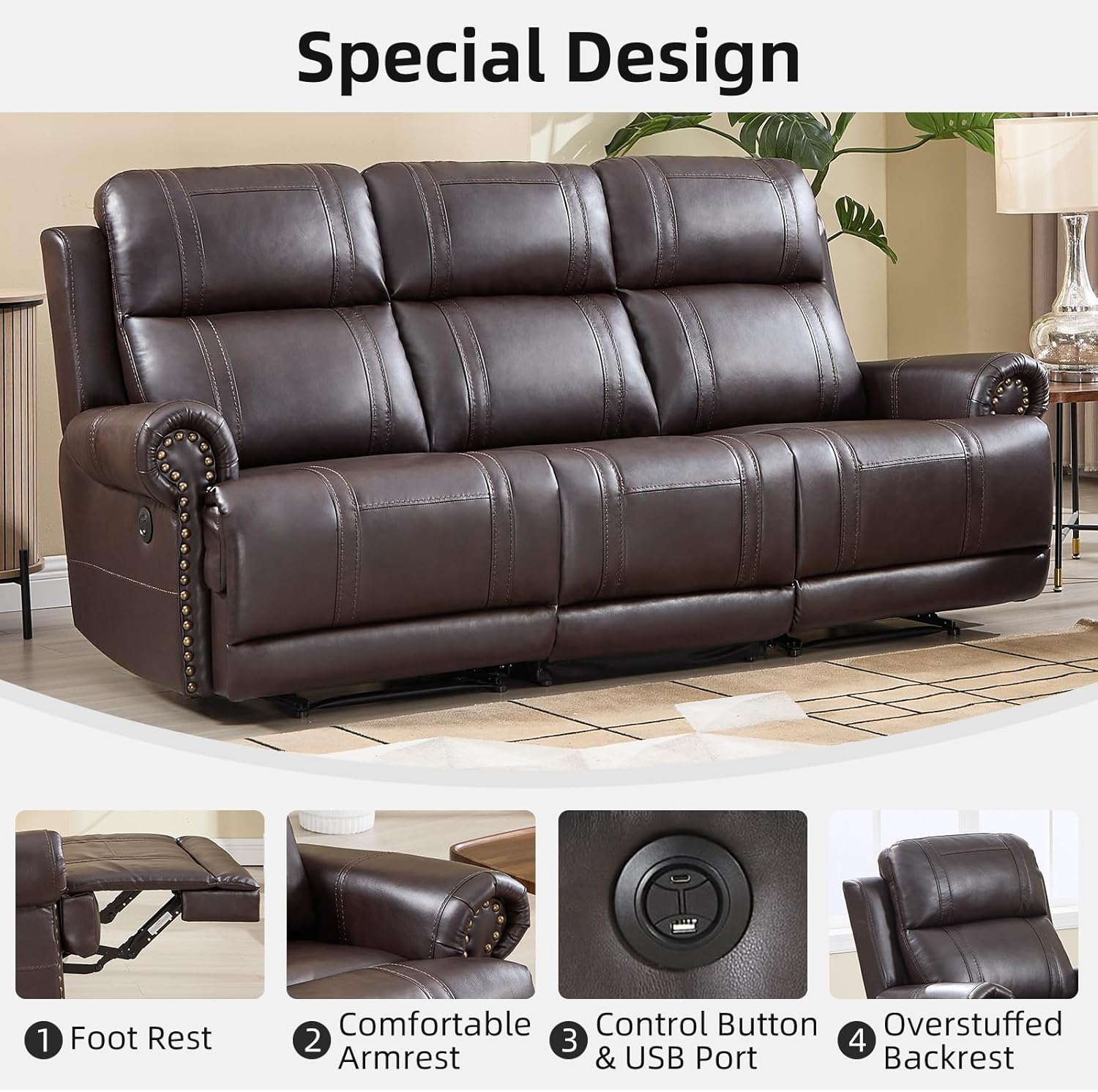 EBELLO Faux Leather Electric Reclining 3 Seat Sofa, Power Recliner Three Seats Sofa Couch with USB and Type-C Charging Ports, Vintage Rivet Design for Small Living Room, Bedroom, Meeting Room, Brown