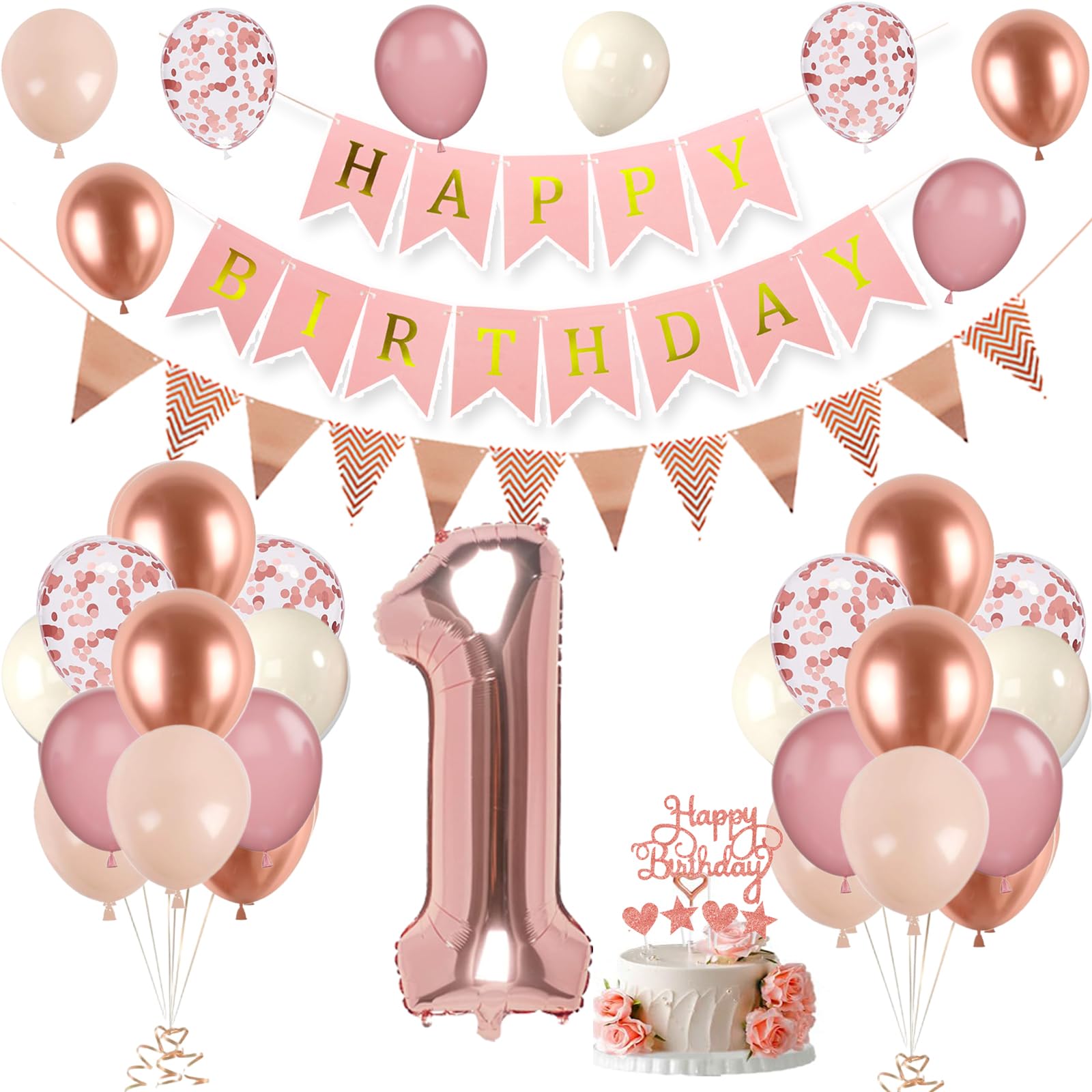 1. Geburtstag Deko Roségold, Luftballon 1. Geburtstags, Geburtstagsdeko 1 Jahr, Mädchen 1 jahre Geburtstags Deko-Set, Zahl 1 Luftballons Tortendeko Roségold Weiß Rosa Ballons für Geburtstag Party Deko