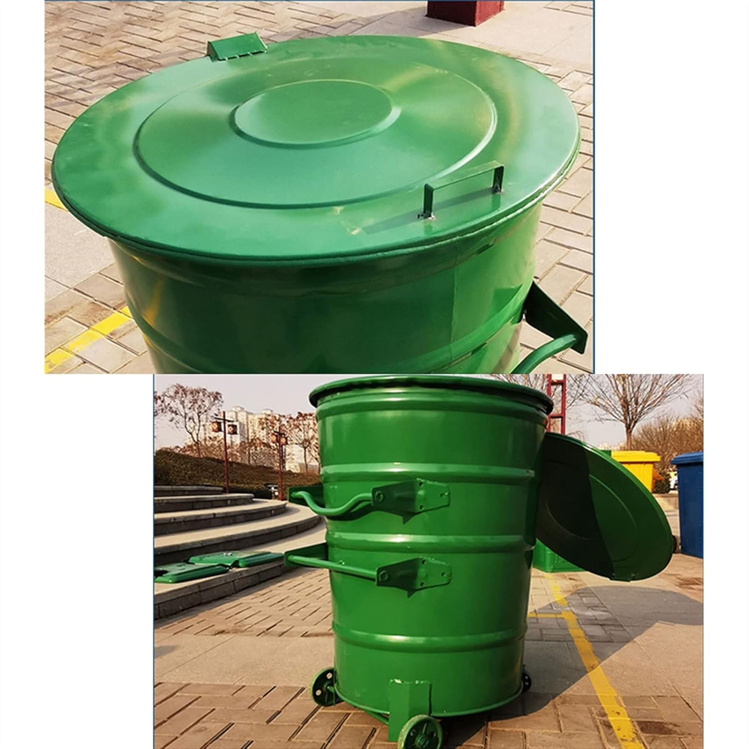 Large Trash Can Wastebasket Large-capacity Iron Trash Can 360L Large Outdoor Sanitation Trailer Trash Can Thick Metal Trash Can with Three Wheels and Lid Blue/Green Garbage Can for Outdoor or Commer