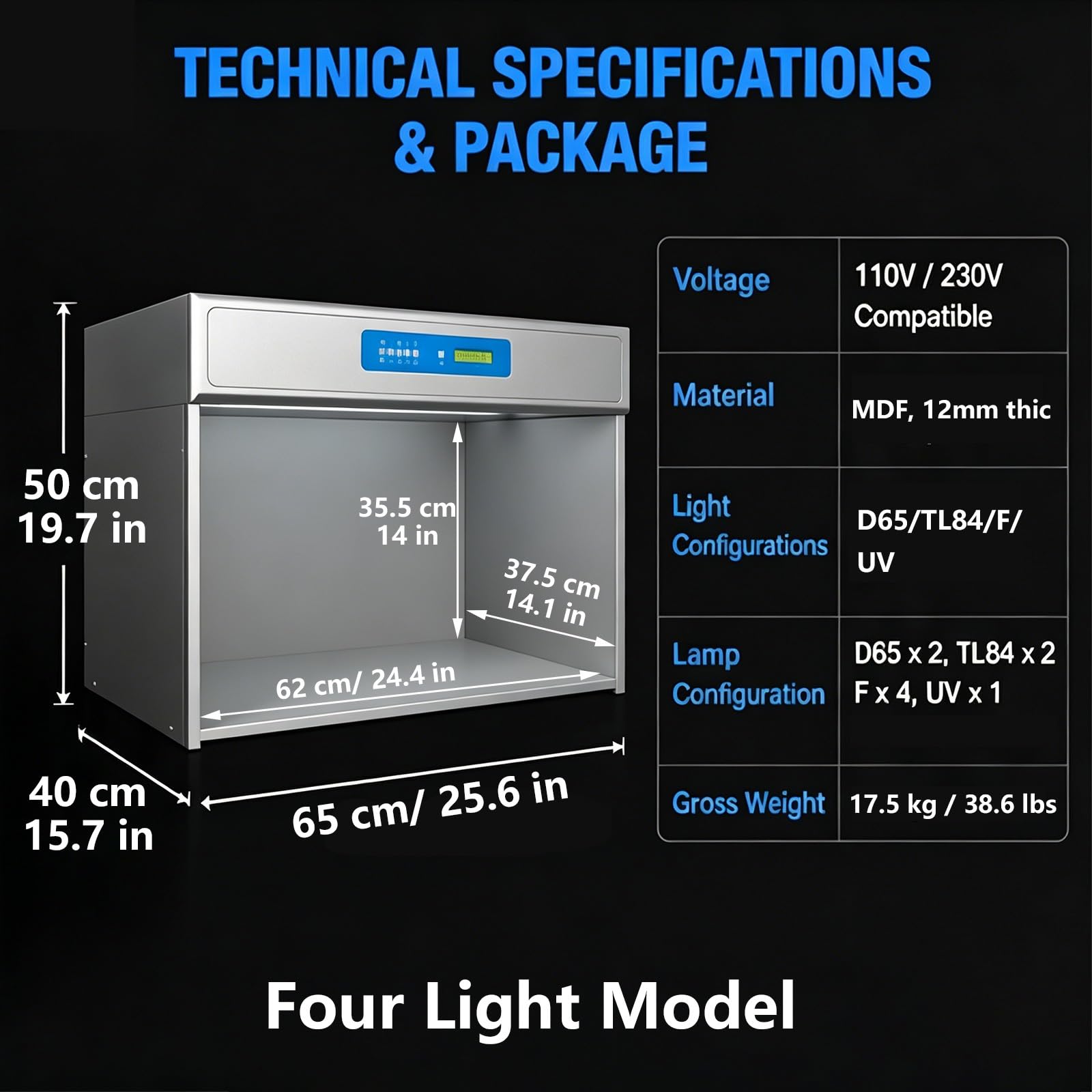 Präzisions Farbabmusterungskabine, Lichtbox 6 Lichtarten mit D65 TL84 UV F CWF U30, Digitale Zeitschaltuhr für Labor Druckindustrie Tintenprüfung(4 light)