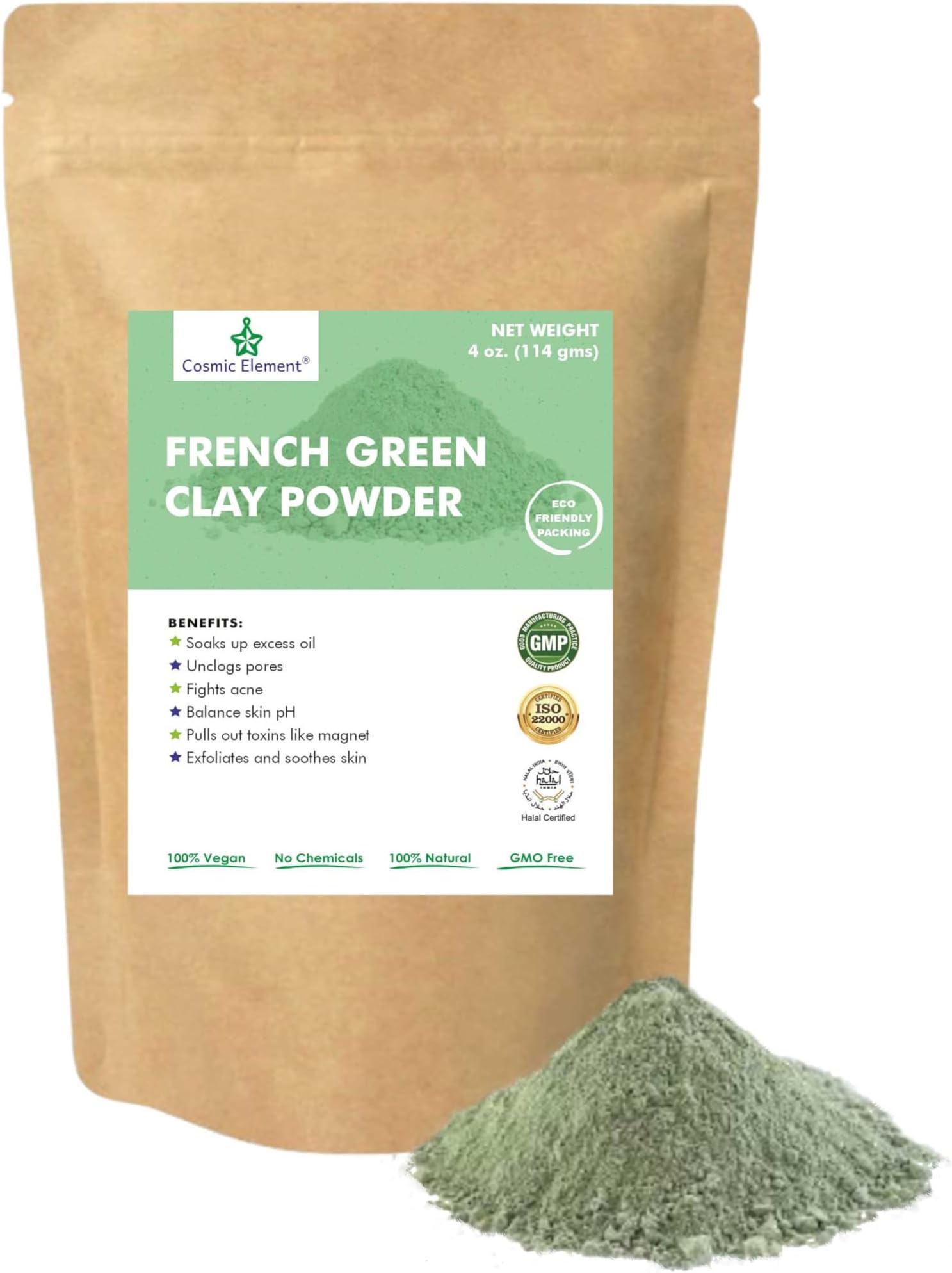 Cosmic Element French Green Clay European Montmorillonite Ultra Soft Clay Powder, Vegan Cosmetic Grade, Healing Clay for Face Mask Skin Care Detox, Clay Mask for Blackheads and Pores, 4 ounce