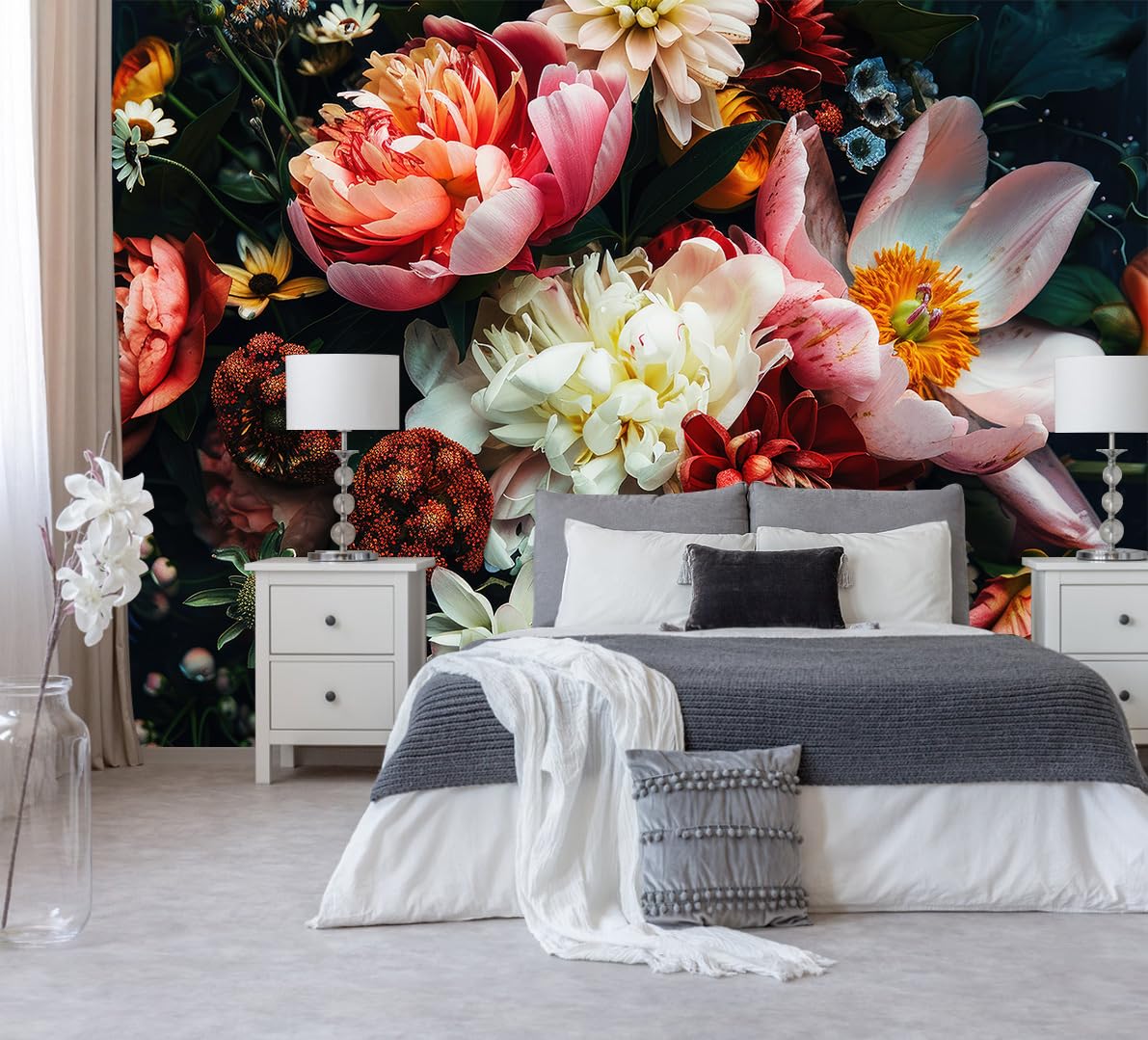 Dark Floral Wallpaper Peel and Stick Large Peony Flower Self Adhesive Wall Mural for Bedroom 157"x108"