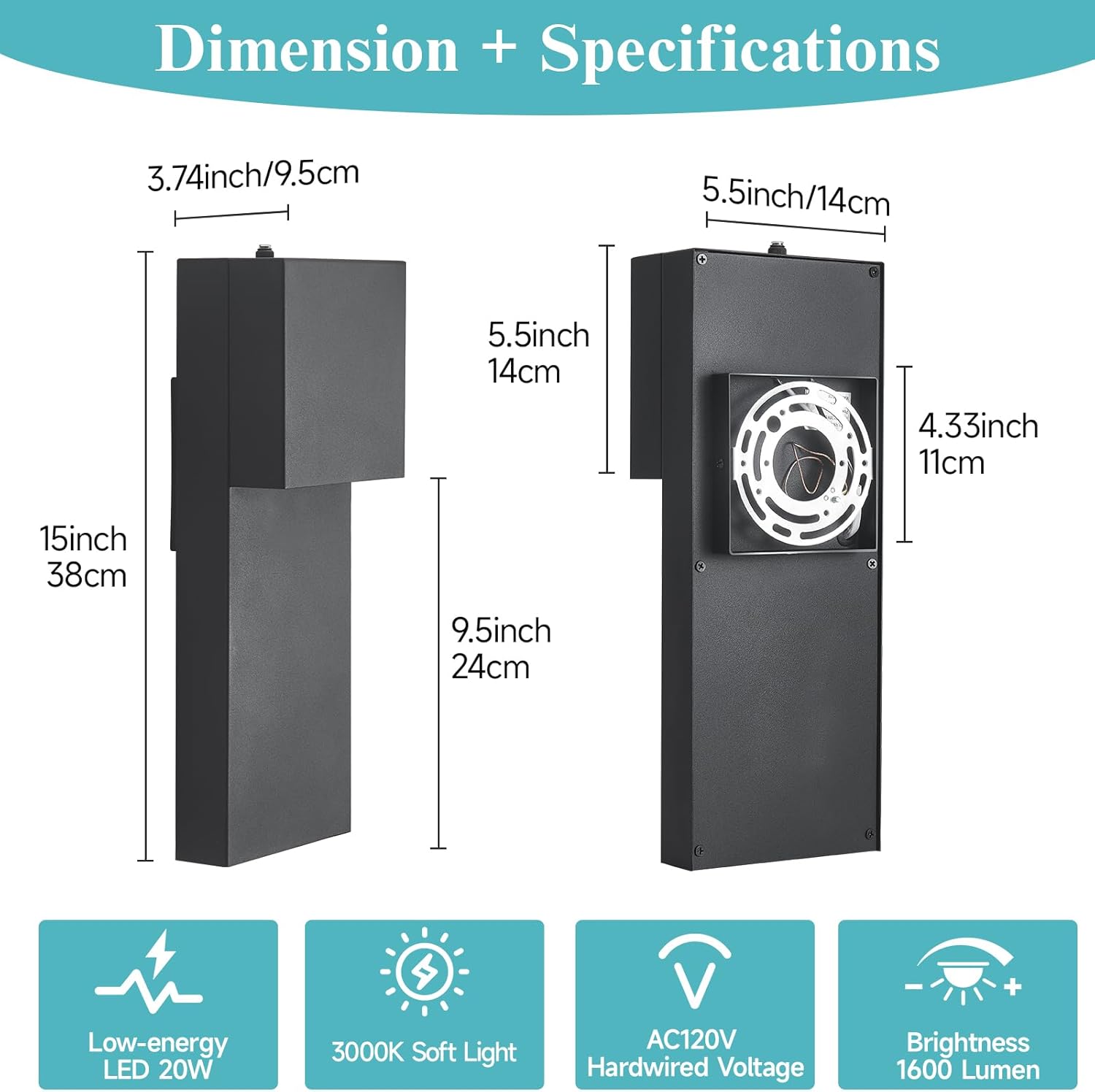 Modern LED Outdoor Wall Sconce, Dusk to Dawn Outdoor Lighting, Black Porch Lights Outside Wall Mount Lights for House Porch Garage, 15 Inch 3000K 1 Pack