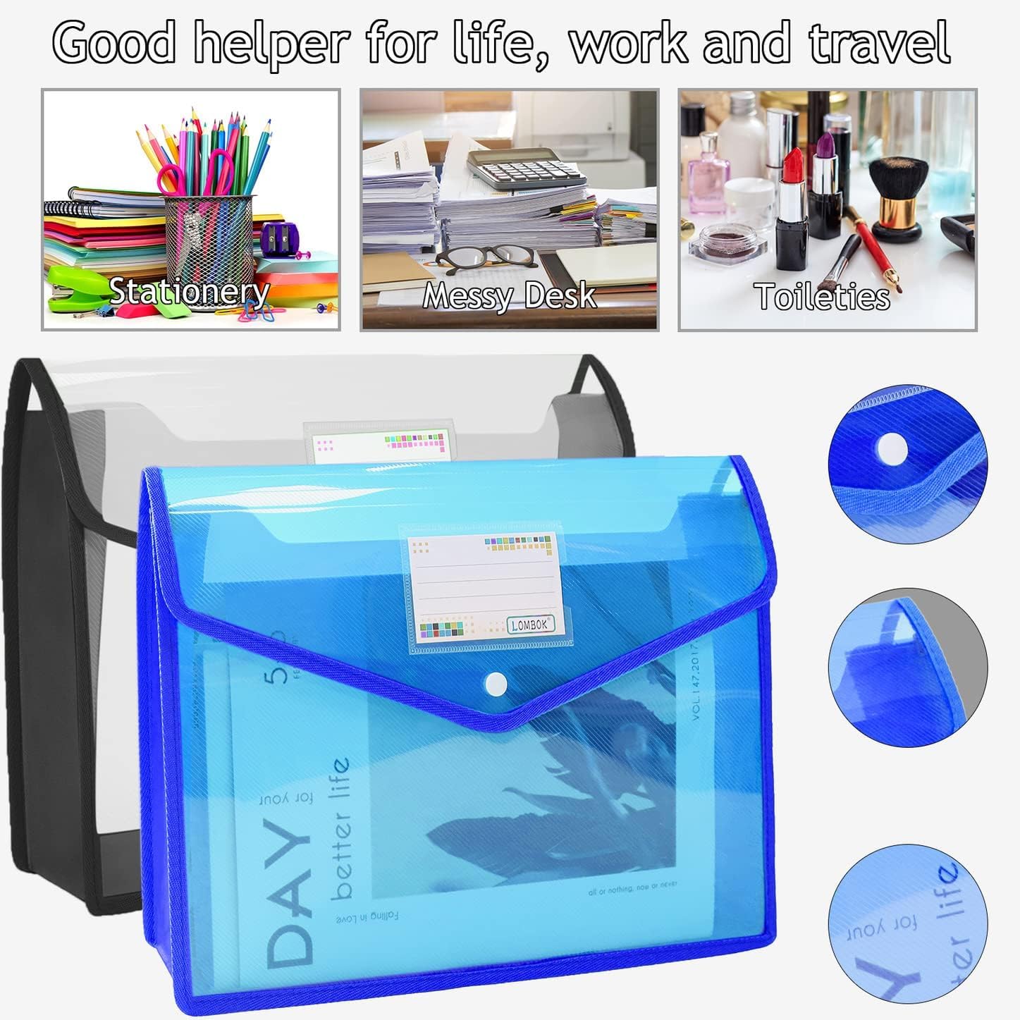 ANG A4 Plastic File Folder Poly Envelope Expanding File Wallet Document Organizer with Snap Closure & Label Pocket Clear Coloured Waterproof Accordion File Pouch for Office Home Storage- Set of 2 1