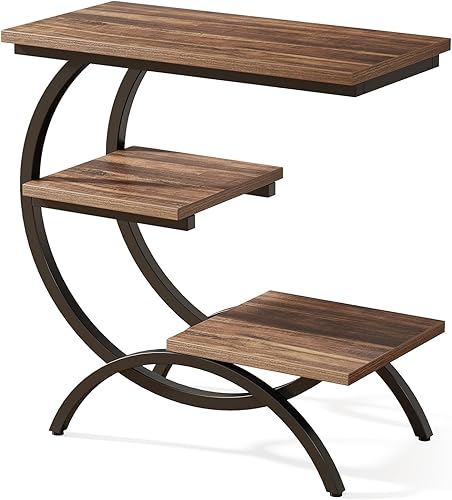 Miniatura 4 de Tribesigns Mesa auxiliar en forma de C, mesa auxiliar industrial de 3 niveles para sofá, mesita de noche de madera, mesa auxiliar de aperitivos