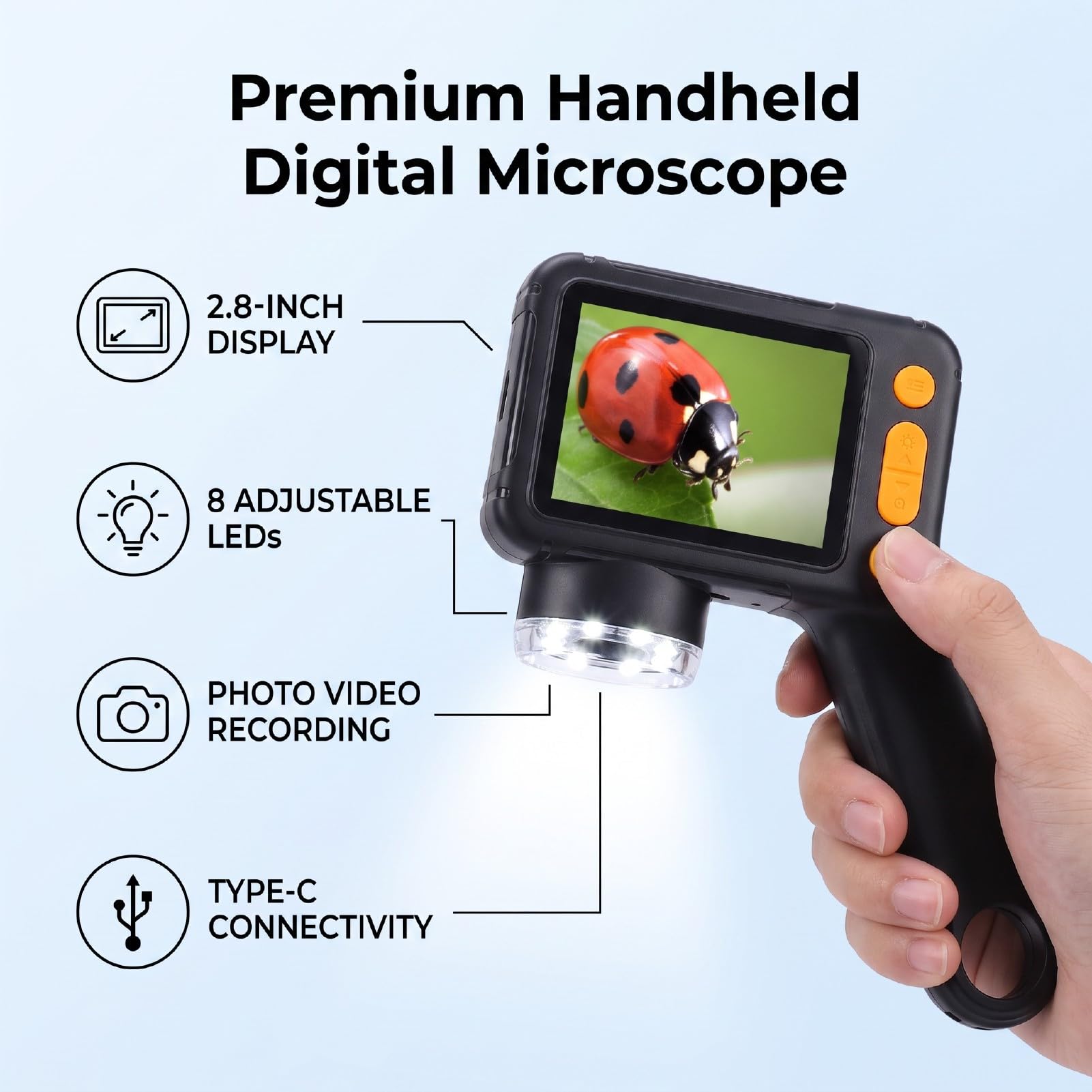 Bewinner Handdigitalmikroskop, 2,8-Zoll-Bildschirm, 8 LEDs, Manueller Fokus