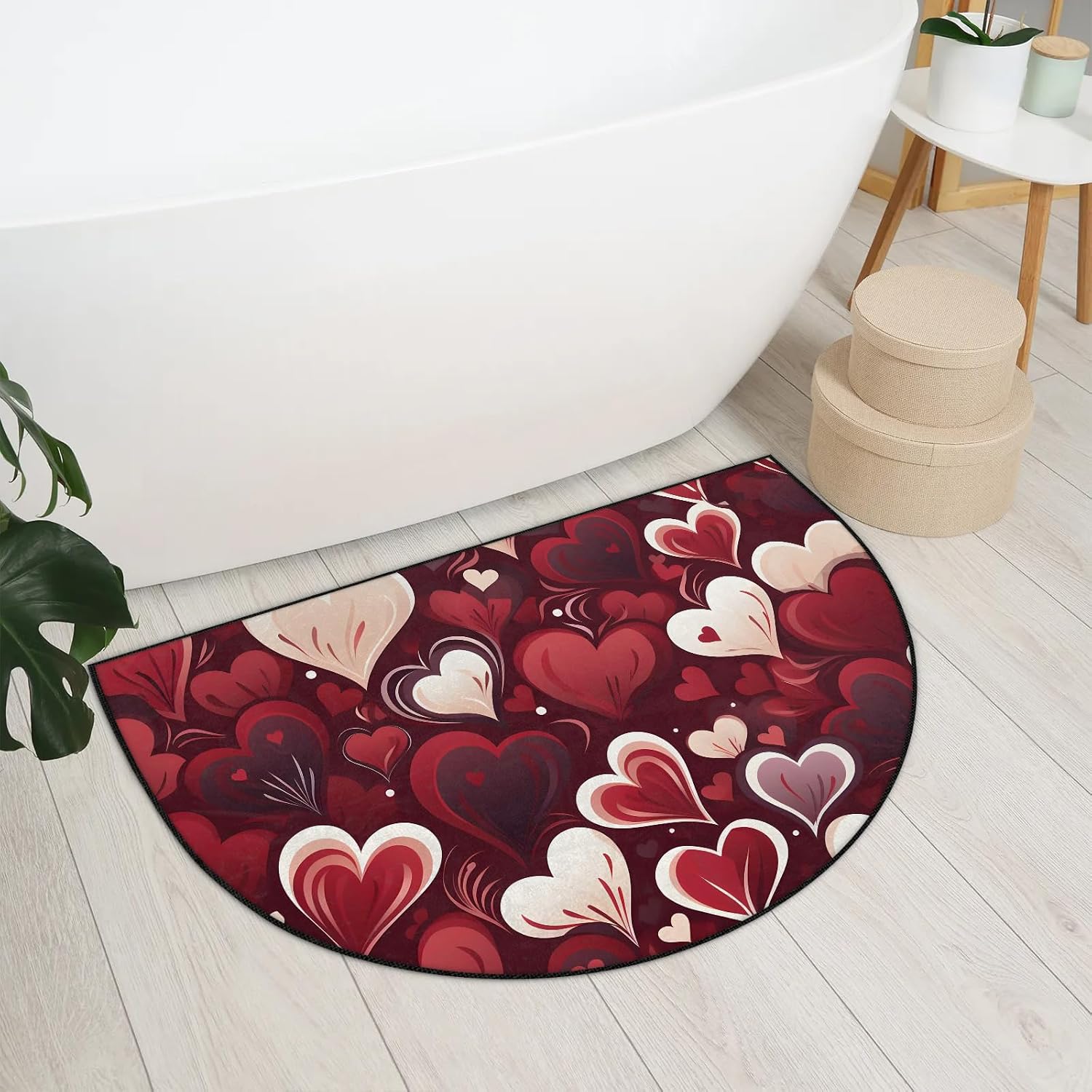 Half Round Doormat Welcome Mat for Front Door, Porch, Entryway, Non-Slip Indoor Outdoor Rug, Valentine's Day Red Love Semi Circle Area Rug for Kitchen Bathroom Patio, 36x24 Inch