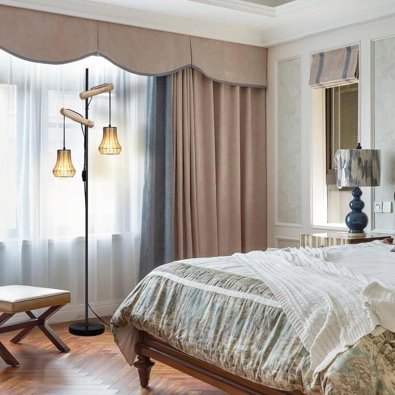 Hanging Floor Lamps for Living Room Farmhouse,Standing Tree Floor Lamp with Rattan Lampshade,Rustic Floor Lamps for Bedroom,Black Beige Floor Lamp,Tall Lamps for Living Room,Office