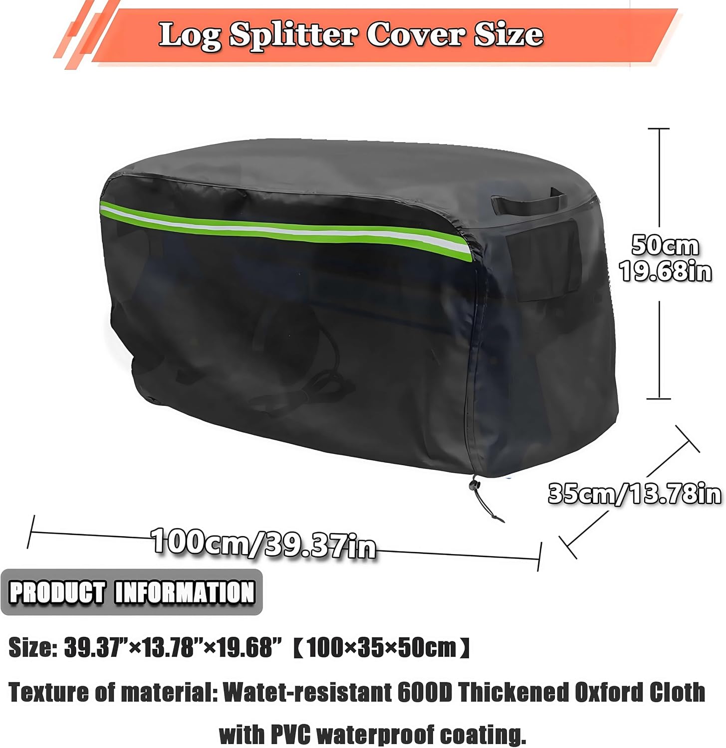 Electric Log Splitter Cover 5 6.5 7 Ton Small 420D Waterproof Oxford Cloth Night Reflective Strip Safety 39.4L×13.7W×19.7H Gas or Electric Log Splitters Dust Cover With Storage Bag (5-7 TON)