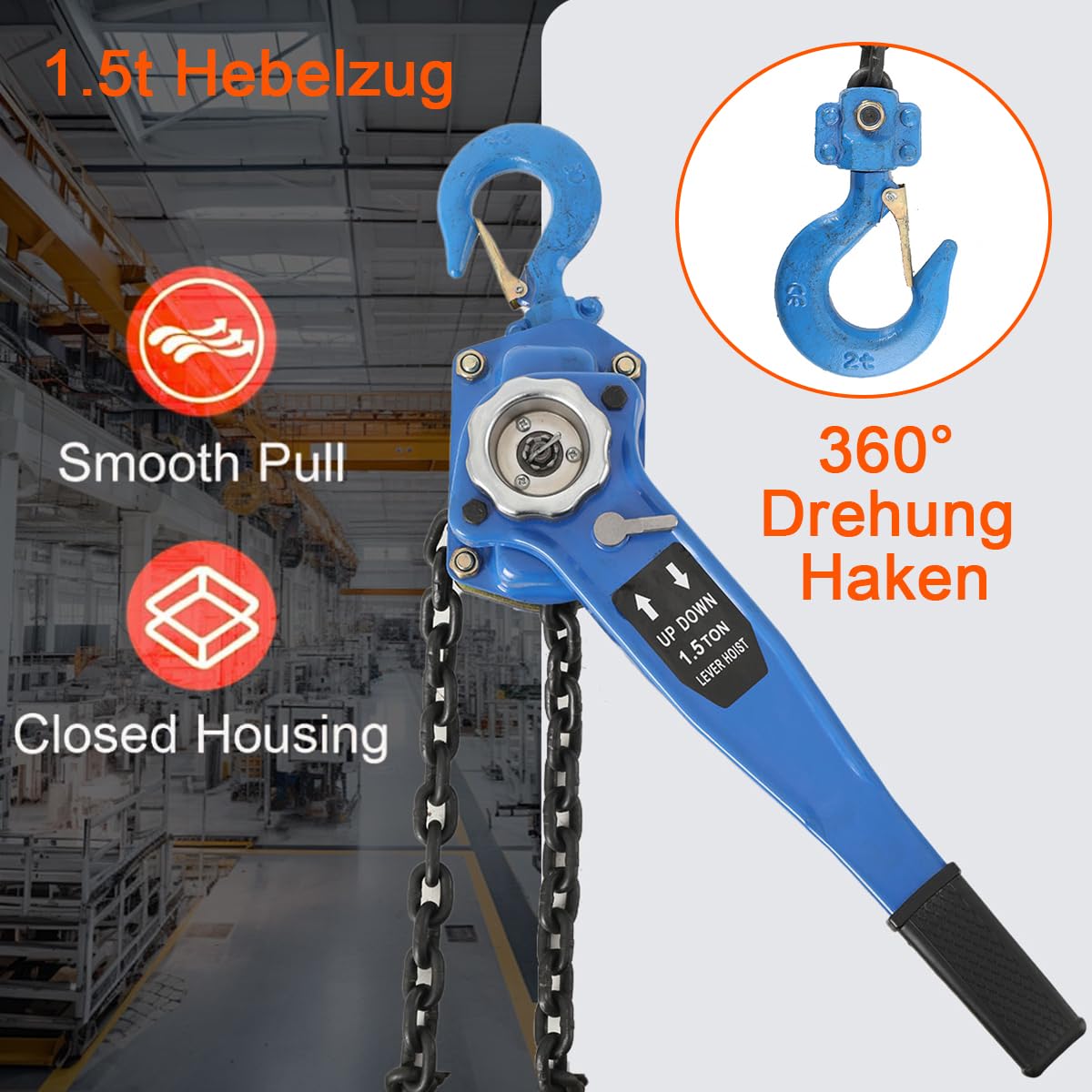 Hebelzug Kettenzug 1500kg Kapazität, Ratschenzug 3m/10ft Hubhöhe | mit 360° Drehung Haken, Flaschenzug Kranzug Kette Hebel, 1,5t Tragfähigkeit