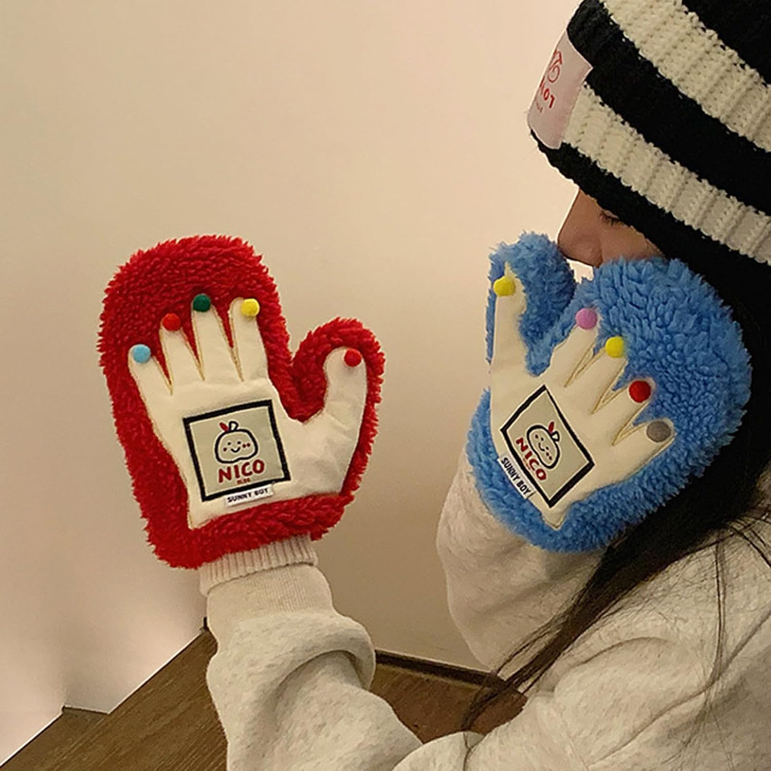 Colorful Pompoms Furry Gloves Cute Thick Stylish Furry Theme Winter Warm Full Finger Cute Gloves For Girls