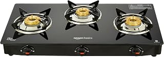 Amazon Basics 3 Burner LPG Gas Stove with Toughened Glass-top Tri-pin Brass Burners with spill-proof and easy-clean design Ergonomic Knobs, Anti-skid legs (Black)