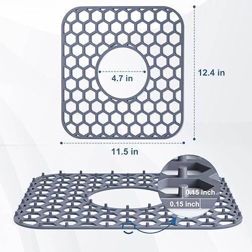 Miniatura 130 de Paquete de 2 tapetes de silicona para fregadero de 13.58 x 11.6 pulgadas, protectores para fregadero de cocina con drenaje central, rejilla Gris