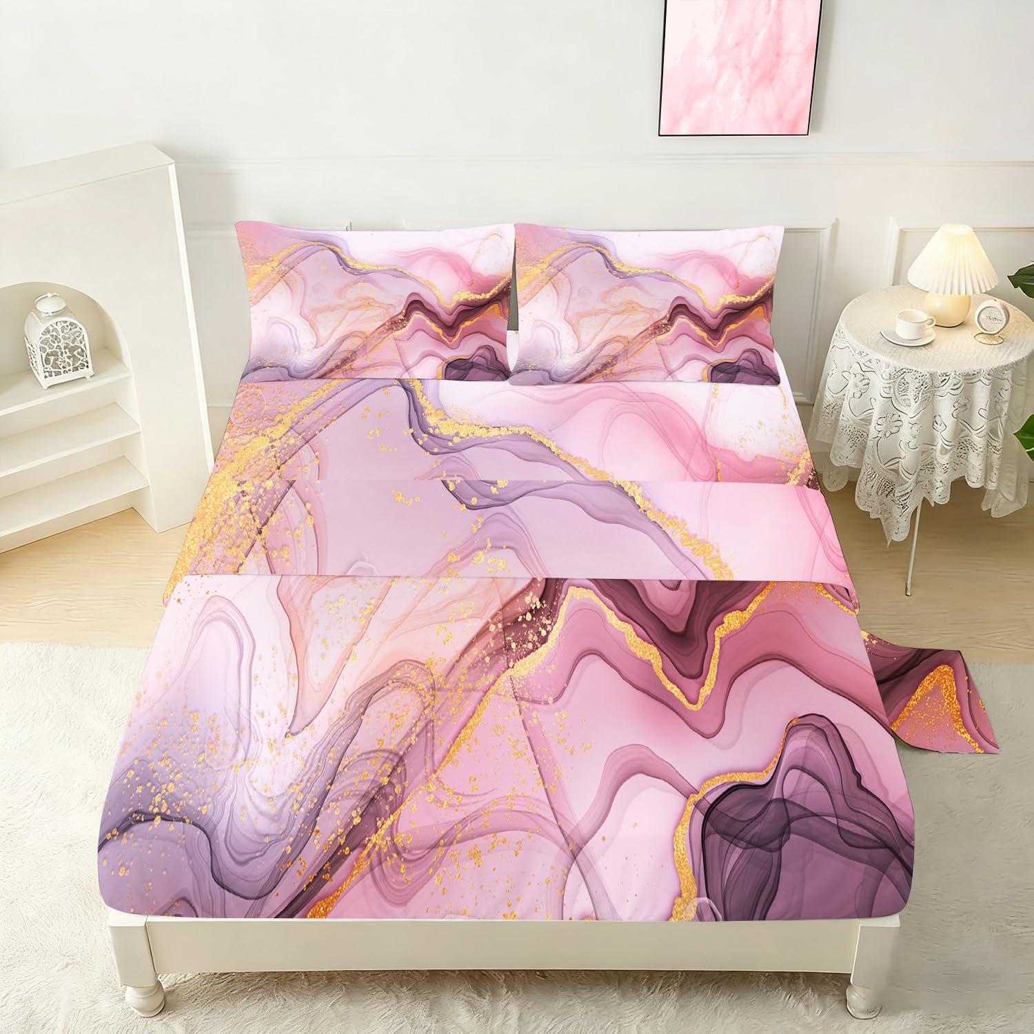 VTKON Pink Marble Sheets Set Full for Girls Elegant Pink and Gold Bedding Set with Deep Pocket Abstract Bed Set with 1 Fitted Sheet 1 Flat Sheet and 2