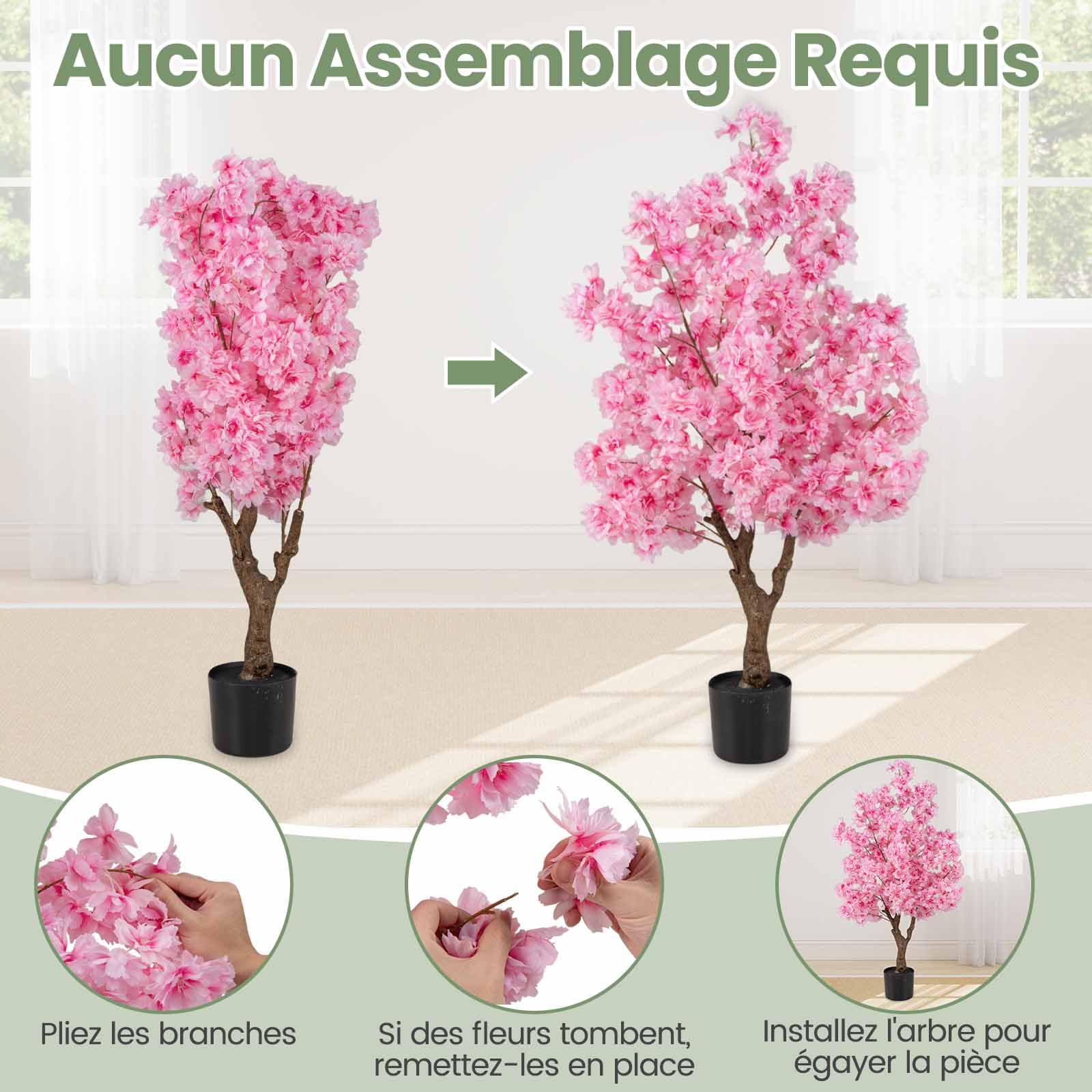 COSTWAY Plante Artificielle en Pot Remplies de Ciment 120CM, Fausse Cerisier avec 900 Fleurs Roses Tronc en Polyéthylène Multi-Branches, Décoration Moderne pour Salon Balcon Bureau