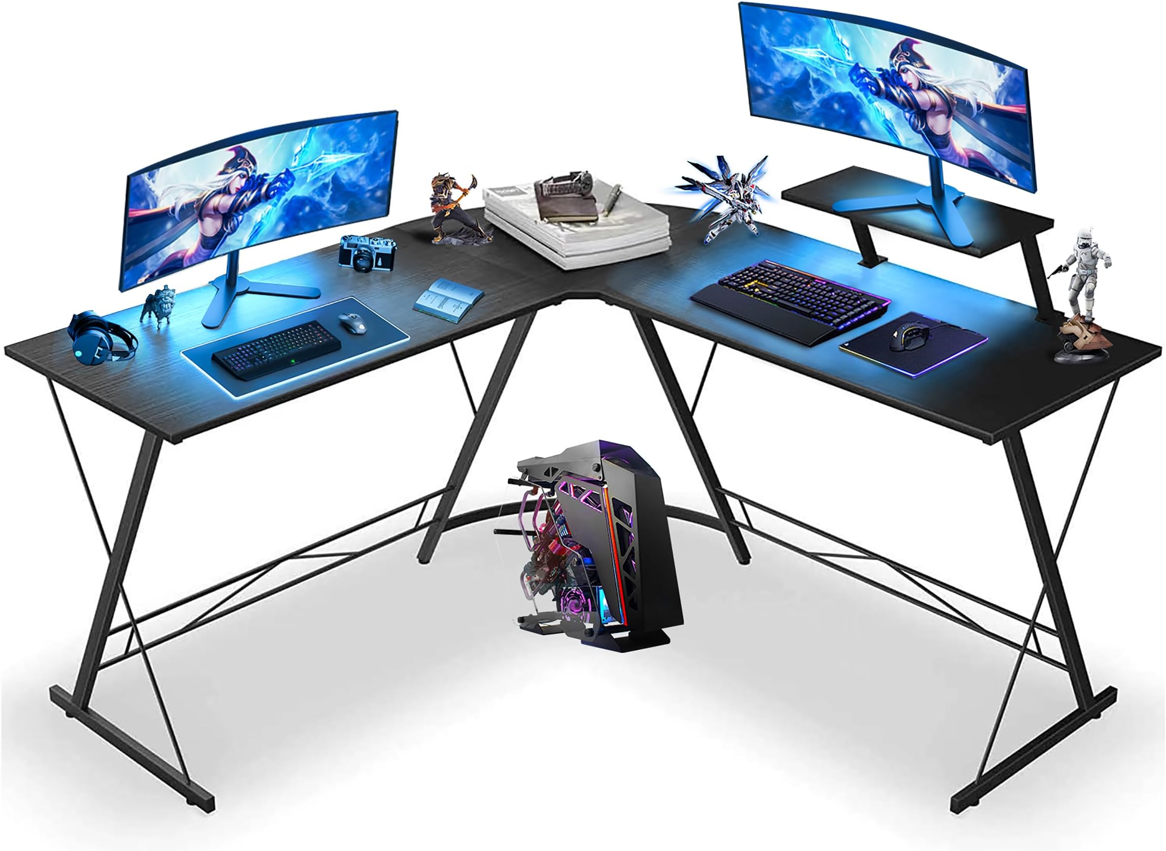 L-Shaped Computer Desk｜Gaming Desk ｜PC Workstation｜Home Office Desk｜Corner Desk Study Desk with Removable Monitor Stand for Home Office Study Writing Workstation,129 * 46 * 71cm,Black