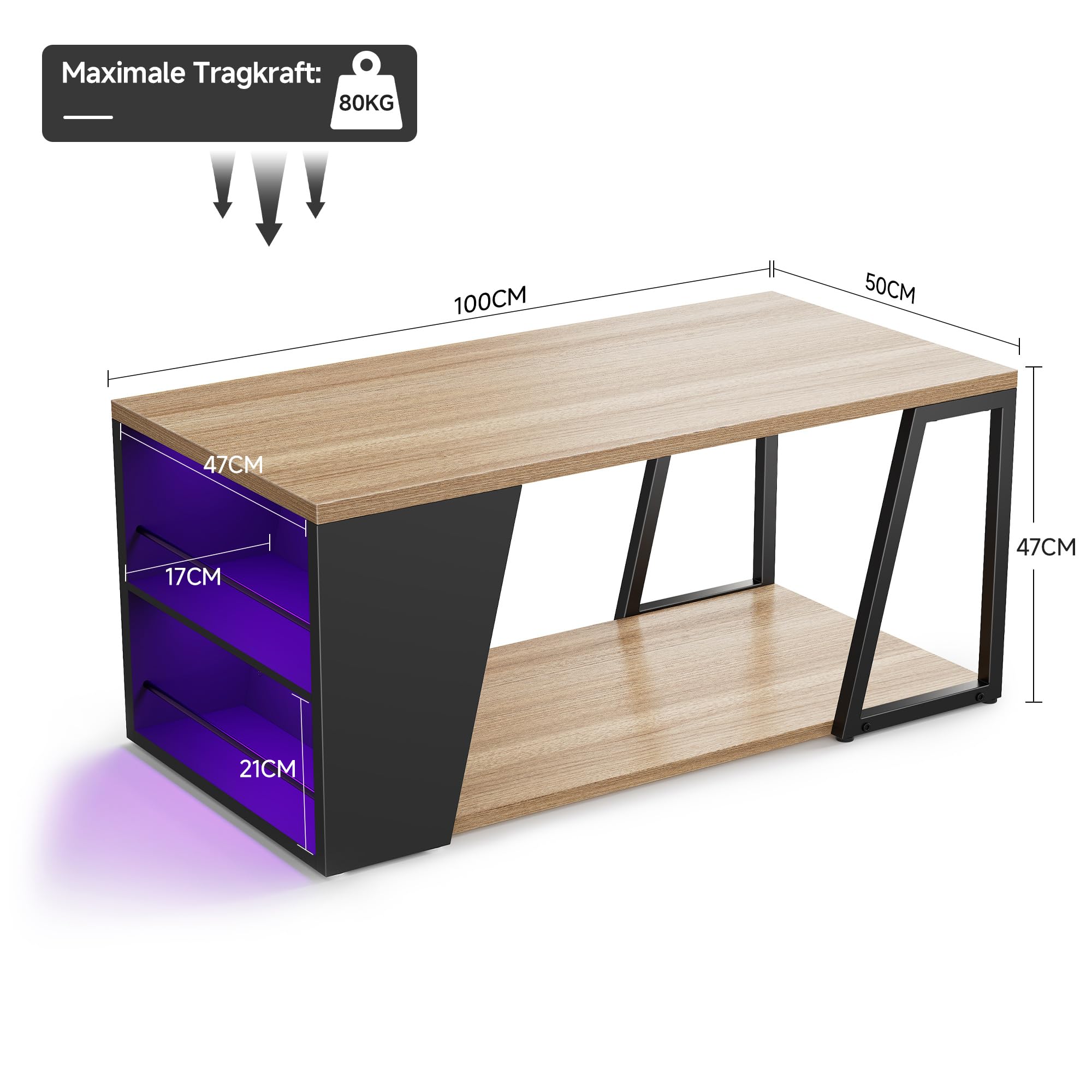 Gyfimoie Couchtisch mit Stauraum, Wohnzimmertisch mit Verstellbarer LED, Sofatisch mit Regal, Beistelltisch aus Metall, 100 x 50 x 47 cm