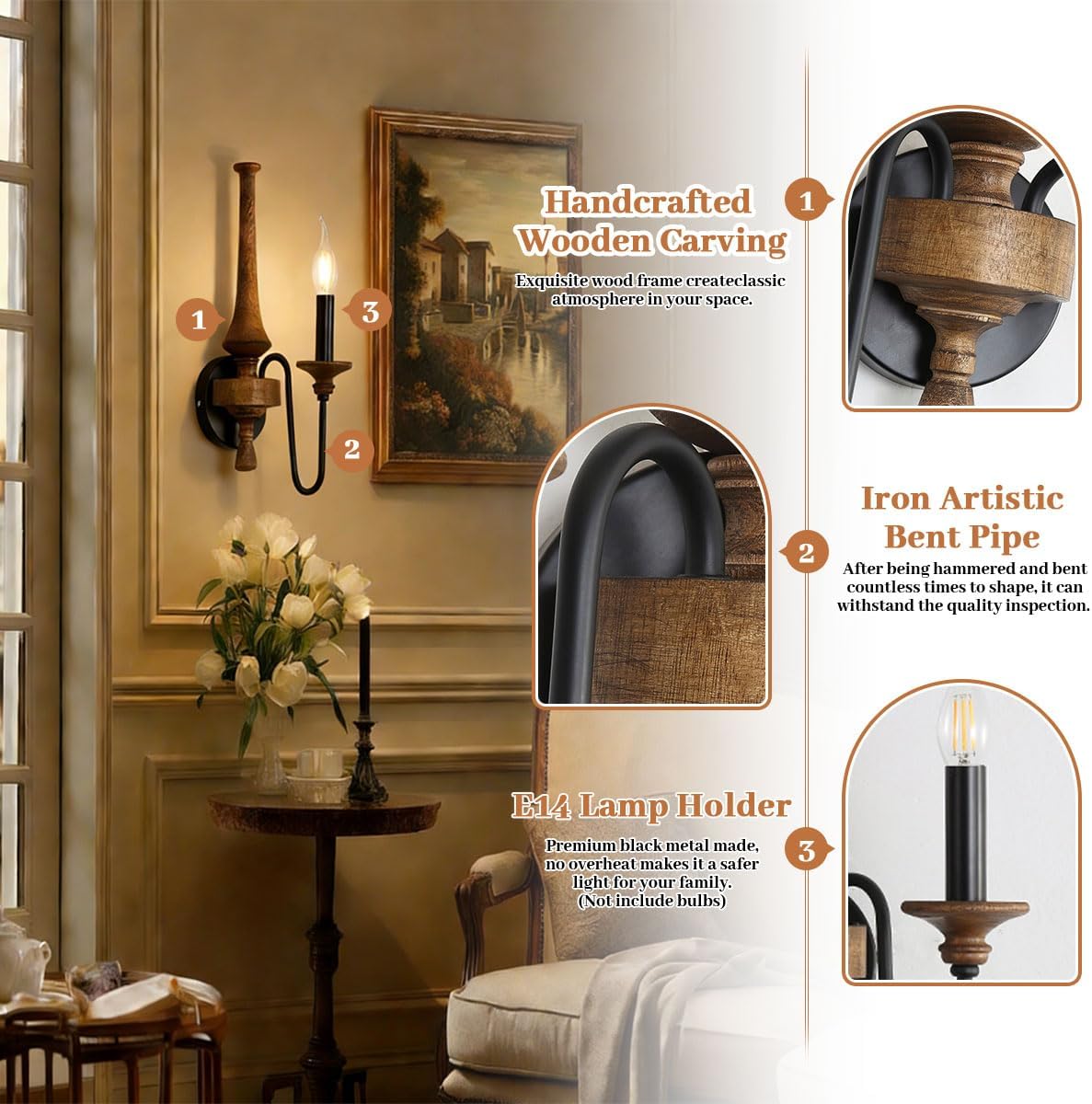Wood Wall Sconces 1-Light Vintage Bathroom Vanity Light Farmhouse Black Mid Century Mount Wall Mount Light for Hallway Living Room Corridor, No Shades, Candle Light Fixture
