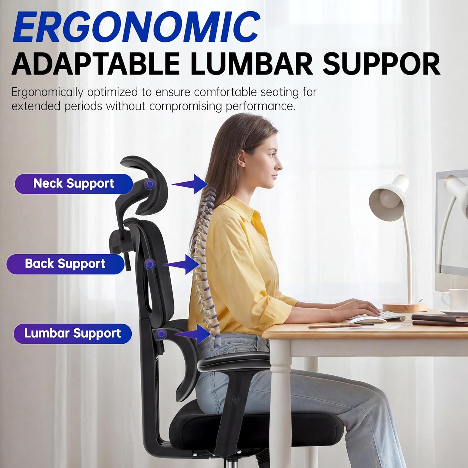 Ergonomic Office Chair, High Back Mesh Computer Chair with Comfortable Adaptive Lumbar Support, Built-in Coat Hanger, SGS Class 4 Gas Lift, Heavy Duty 300lbs for Long Hours Home Office, Black