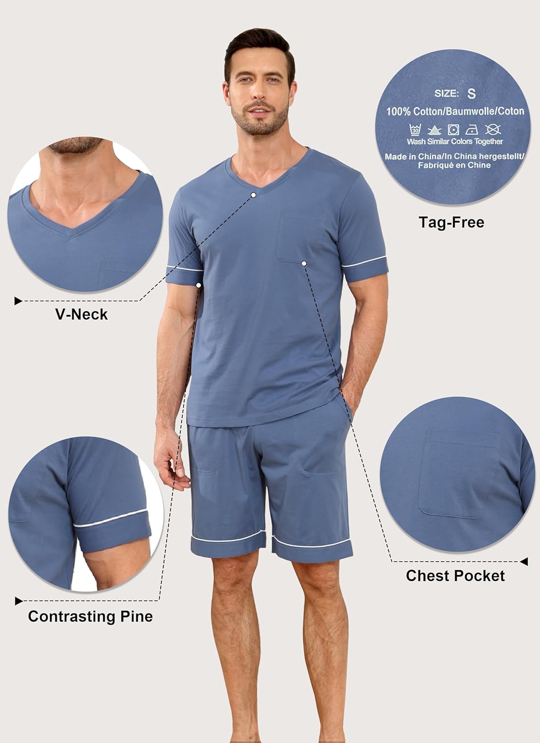 EA'S SECRET 100% Cotton Mens Pajamas Set Men's Sleepwear Short Sleeve Shirts Soft Lightweight V-Neck Pjs Set Loungewear Knit - Image 3