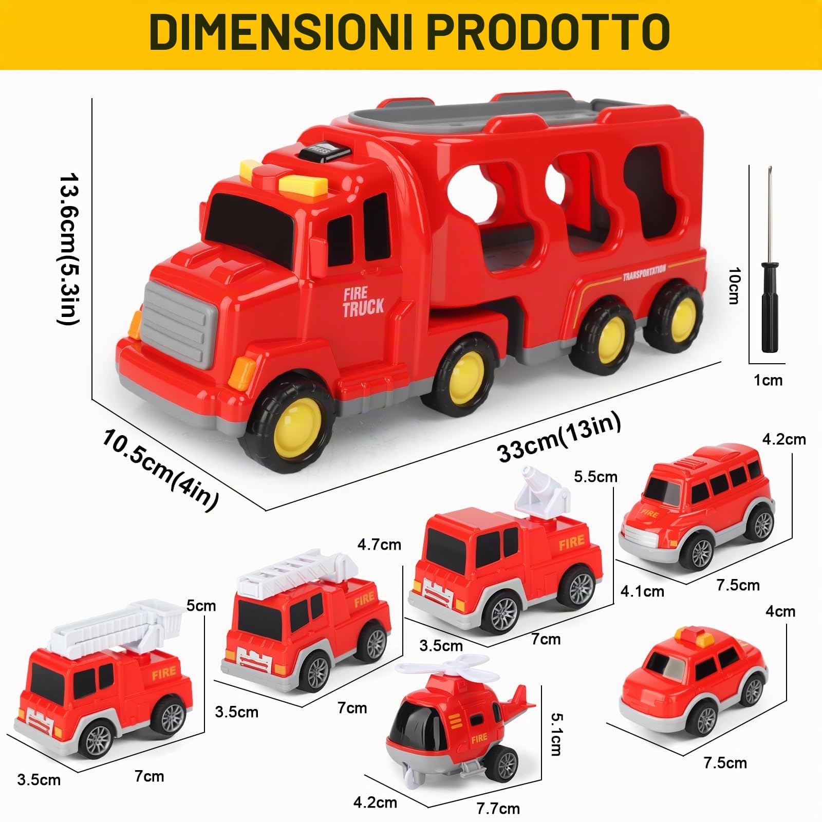 Camion Macchinine Bambini,7-in-1 Camion Pompieri Giocattolo,Camion da Trasporto avec Luci e Suoni,Auto Giocattolo ad Inerzia,2 Adesivi a Tema Auto,Regalo per Bambino 2-6 Anni