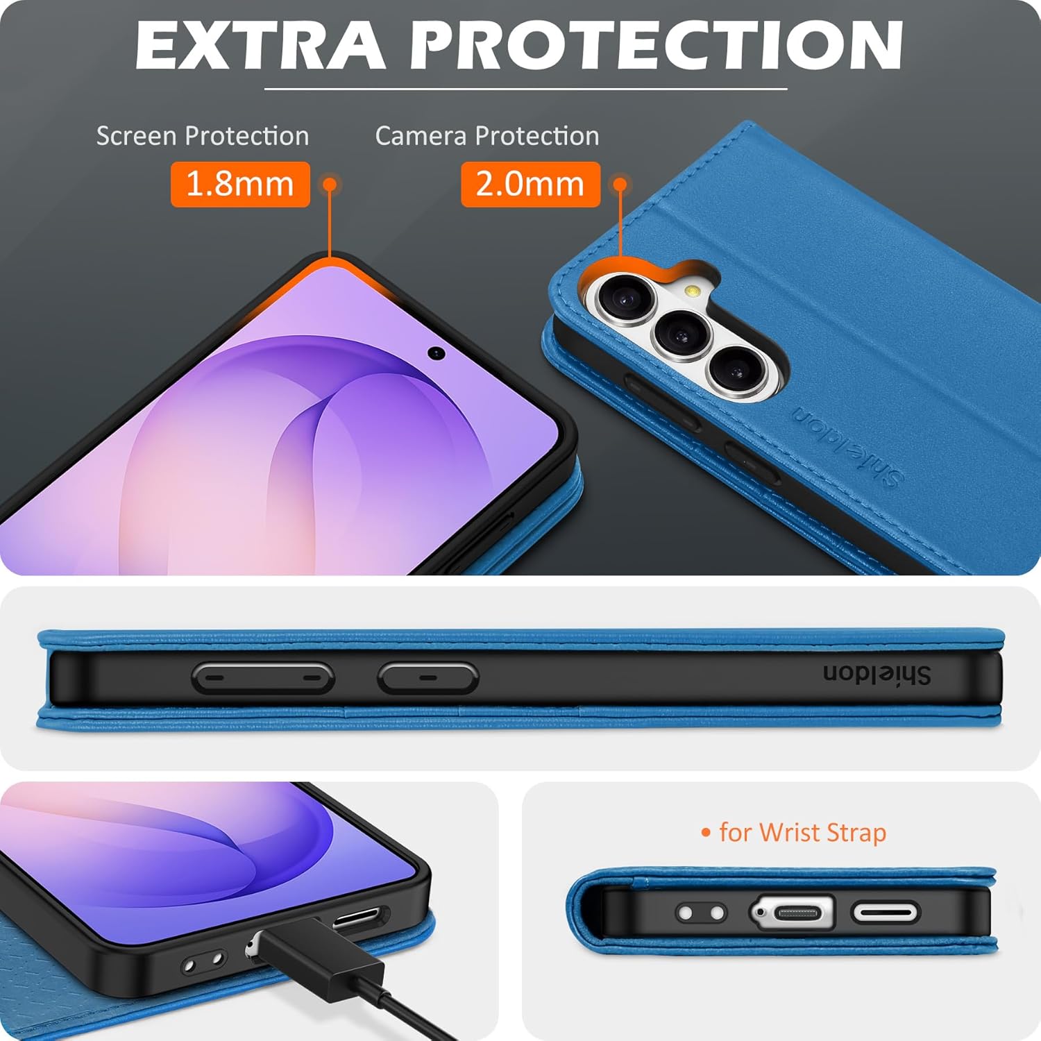 SHIELDON Wallet Case for Galaxy S26+ 6.7", Genuine Leather RFID Blocking Card Holder Kickstand Flip Magnetic Shock Absorbing Protective Cover Compatible with Galaxy S26 Plus 2026 - Sapphire Blue