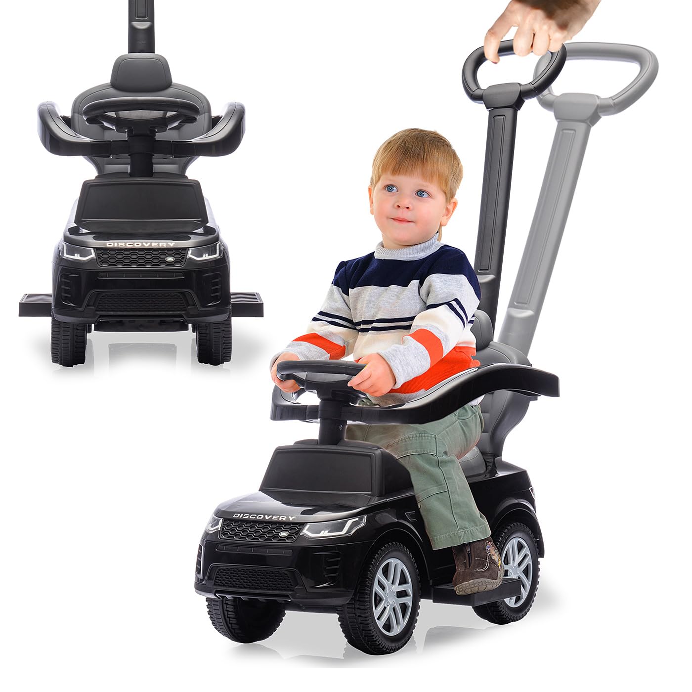 JAMARA 464060 Rutscher Land Rover Discovery 3in1, Rutschauto mit Schubstange, Kinder Fahrzeug Car, Spielzeug Rutscher, Geschenkidee für Kinder, Kippschutz, Schub- und Haltestange