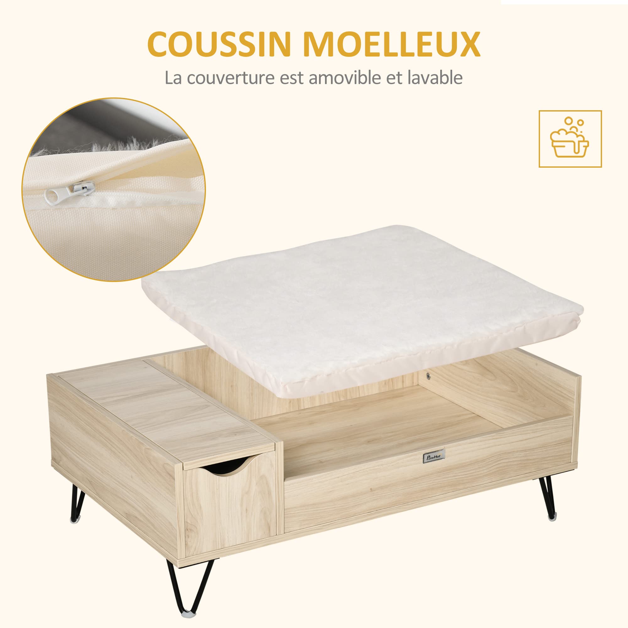 PawHut Canapé lit Panier surélevé pour Chien et Chat avec Coussin Moelleux et Rangement Housse Lavable, Pieds en Acier Aspect Bois Clair