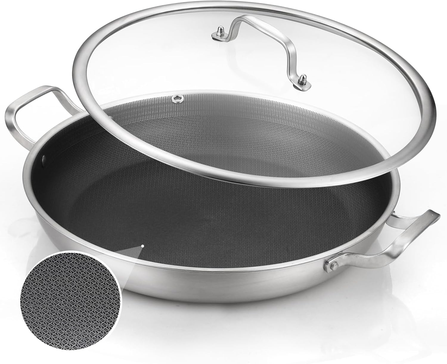DELARLO Paella Pan 14 Inch Tri-Ply Stainless Steel Paella Pan with Lid Nonstick Frying Pan, Hybird Induction Large Skillets,Great for Paella Parties Indoors Outdoors,Heavy Duty Style Stainless Steel 14Inch/Hybird