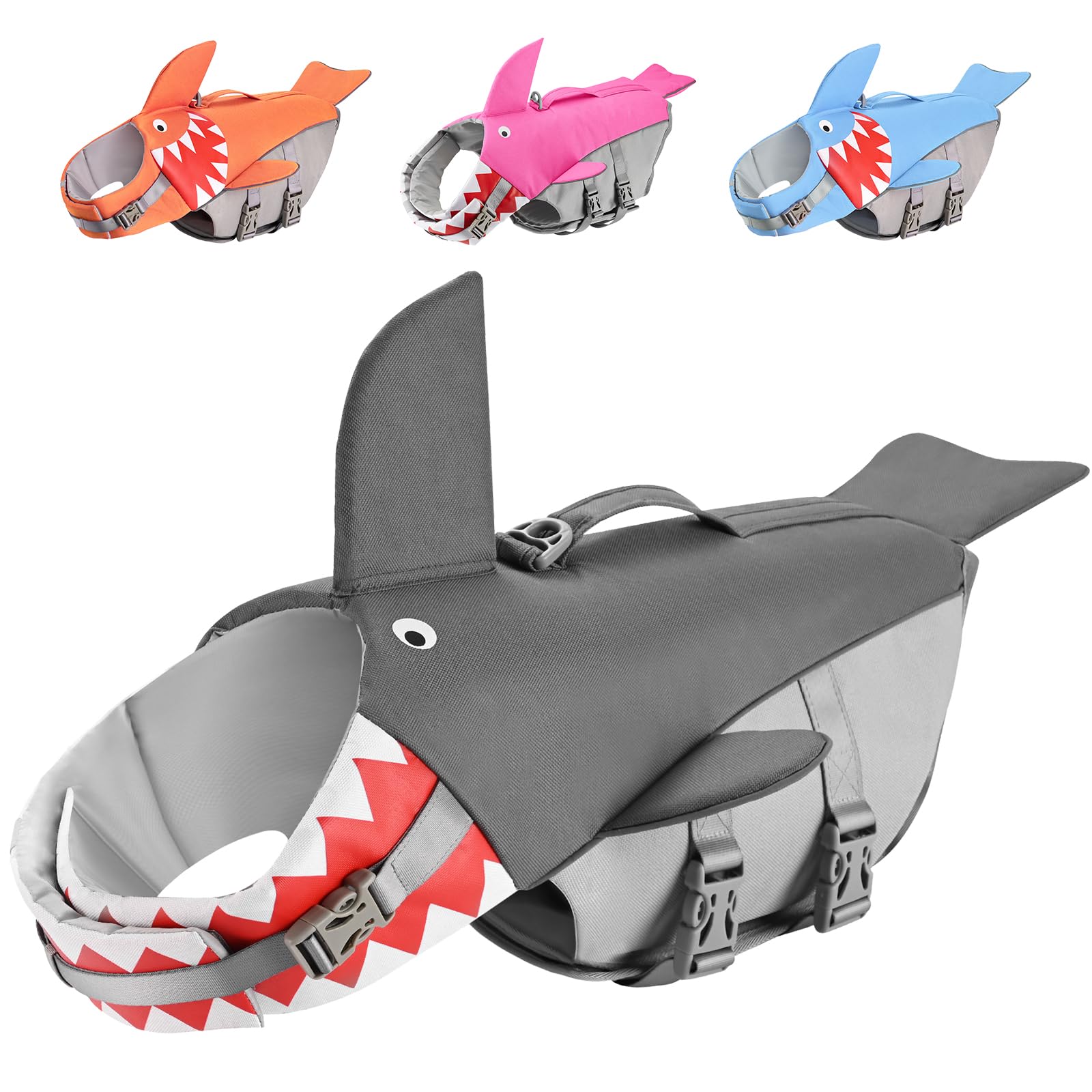 BOTEWO Dog Life Jacket Swimming Vest: Shark Dog Life Vest for Large Dogs, Adjustable Ripstop Pet Life Preserver for Swimming Boating - with Reflective Stripes & Rescue Handle (Grey)