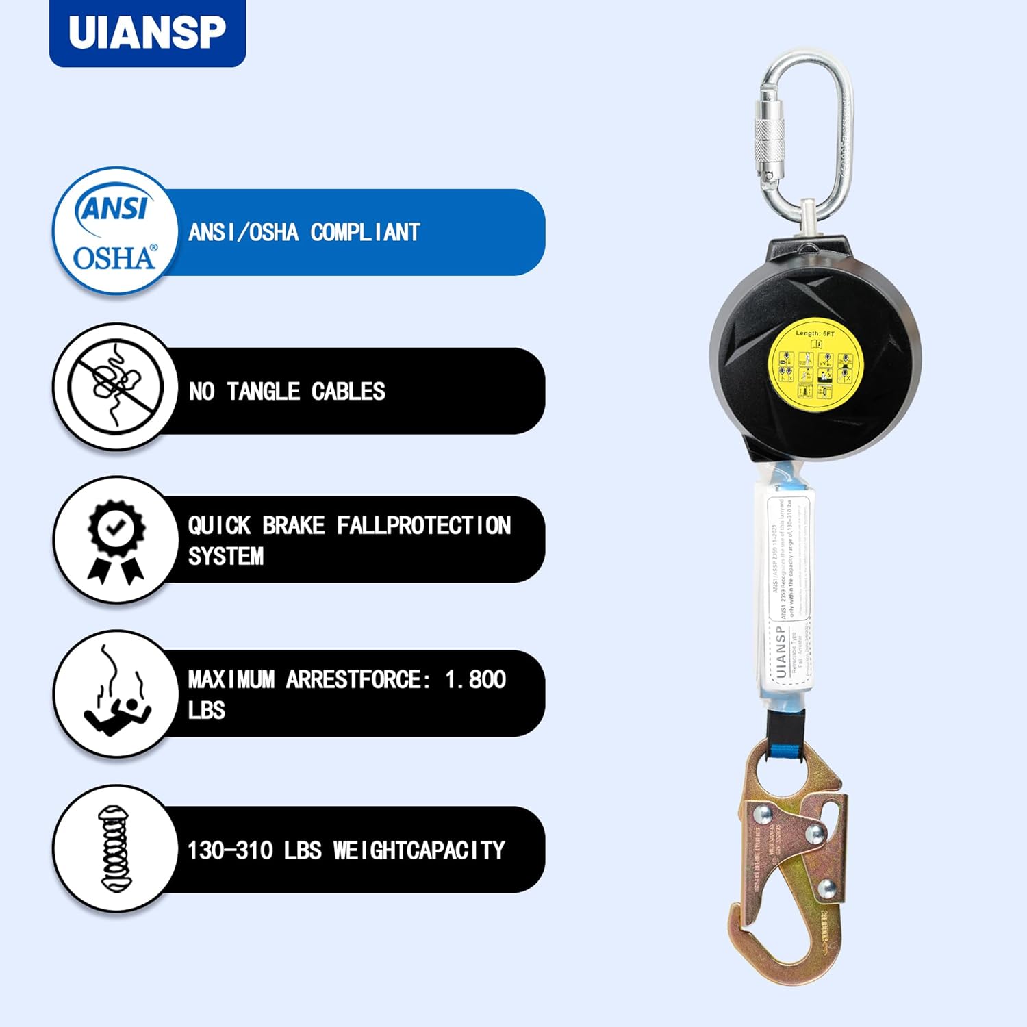 11FT Self Retracting Lifeline Fall Protection Retractable Safety Lanyard Rectracting Lifeline Personal Fall Arrest Protection ANSI Self Retractable Gear for Roofing Construction(Small Hook)
