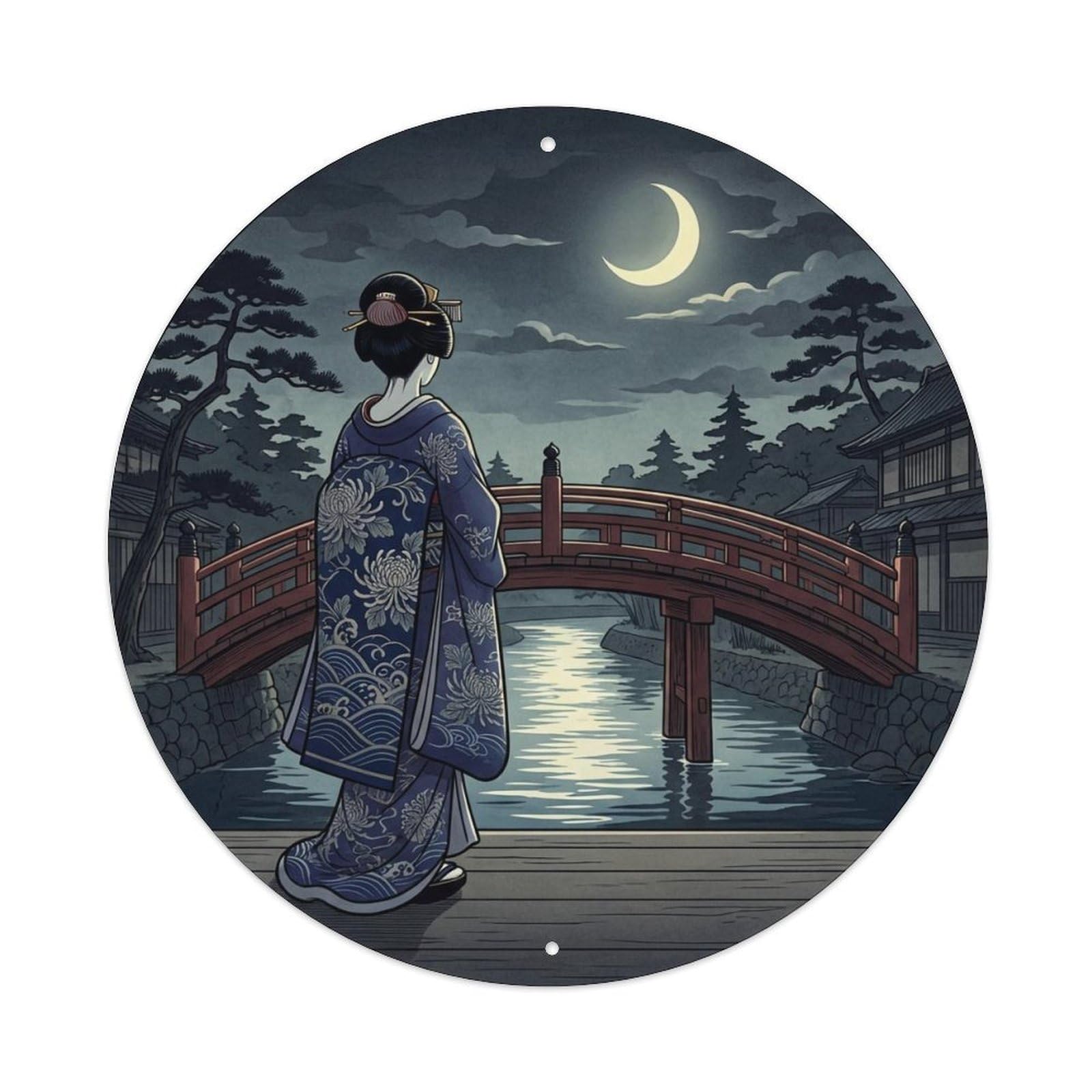 Japanese Geisha Arched Bridge Moonlit Night Scene Metal Tin Sign