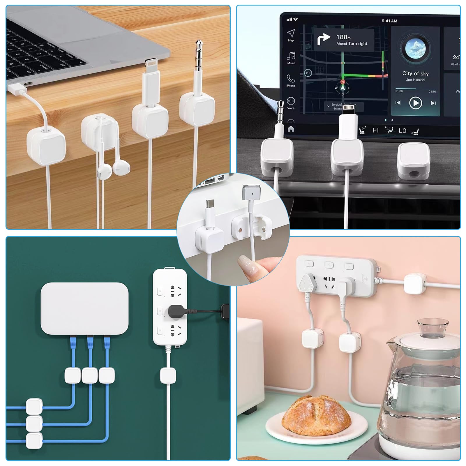 8 Pezzi Supporto per cavi magnetico, Organizer per la gestione dei cavi con clip, supporto per cavi di gestione dei cavi, per comodino, scrivania, USB, cavo audio, Bianco
