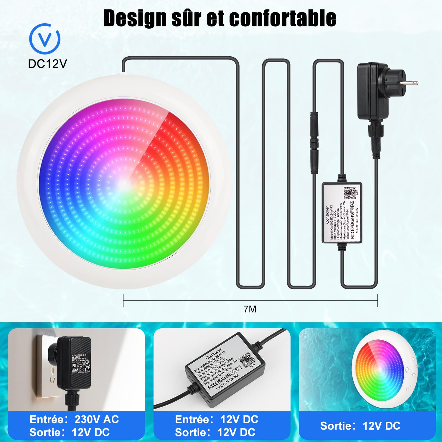 COOLWEST Projecteur Piscine LED pour Piscine hors sol, 24W RGB Smart LED Lampe Couleur Contrôlé par APP pour Piscines Acier, Éclairage Piscine Magnétique, Étanchéité IP68, Minuterie, 12V, 7m Câble