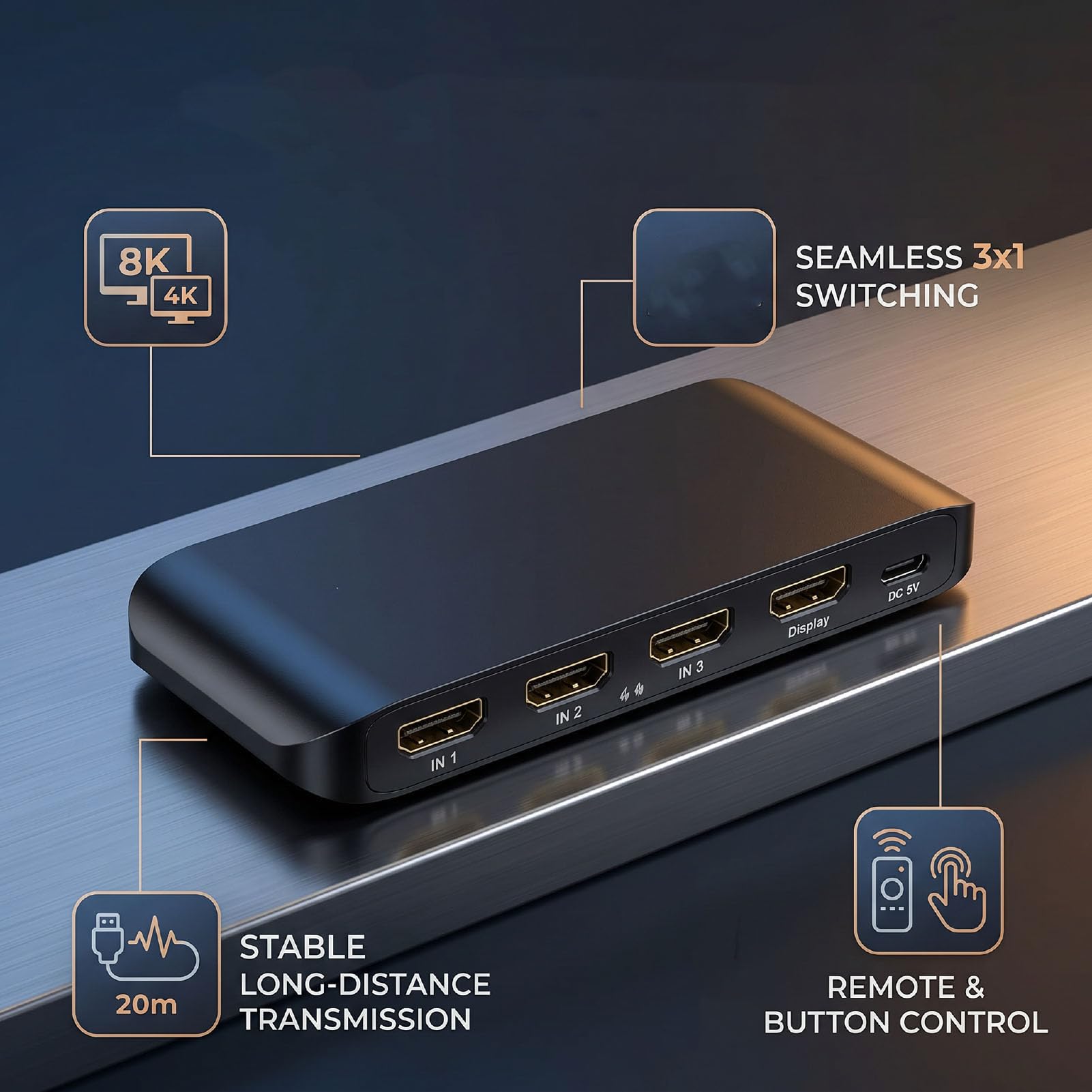 Dpofirs 8K HDMI 2.1 Switcher 3 In 1 Out, 48 Gbit/s HDMI Switcher Box, 4K 120 Hz & 8K 60 Hz Video Selector, 3 Port Selector mit Fernbedienung für Gaming Heimkino