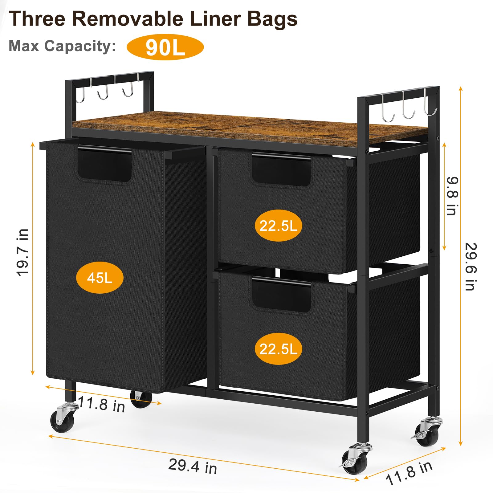 Laundry Hamper Laundry Basket 3 Section with Wheels and Shelf, Rolling Laundry Sorter Cart with 3 Removable Bags and 6 Hooks, Clothes Hamper for Bathroom Laundry Room Organization, Rustic Brown