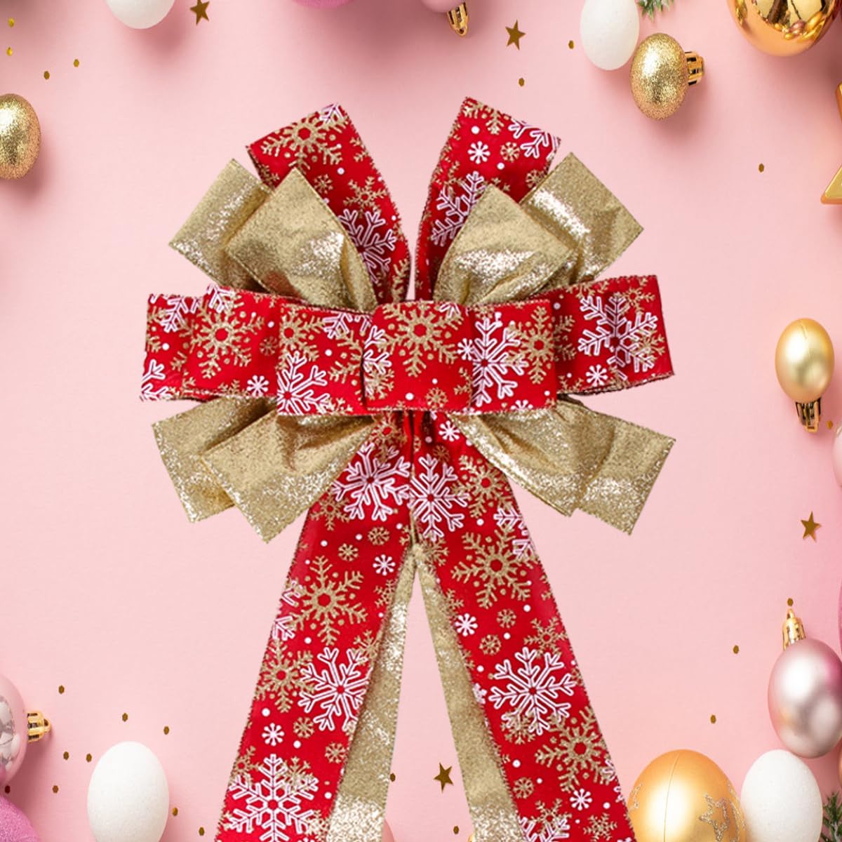 Christmas Tree Topper Wreath Bow Large Christmas Bow Tree Topper 52"x13" Red Gold Snowflake Patterned Gift Bows for Xmas Holiday Home Wedding Thanksgiving Indoor/Outdoor Decoration - Image 4