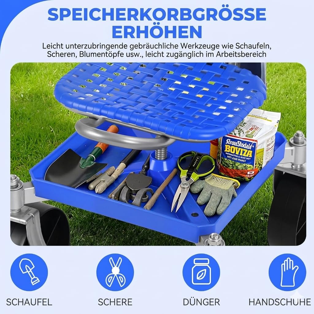 Gartensitz mit Rollen Garten Rollsitz – 360° Schwenkfunktion & Höhenverstellung, Werkzeugablage für Gärtner Senioren bei Gartenarbeit (Lenkrolle)