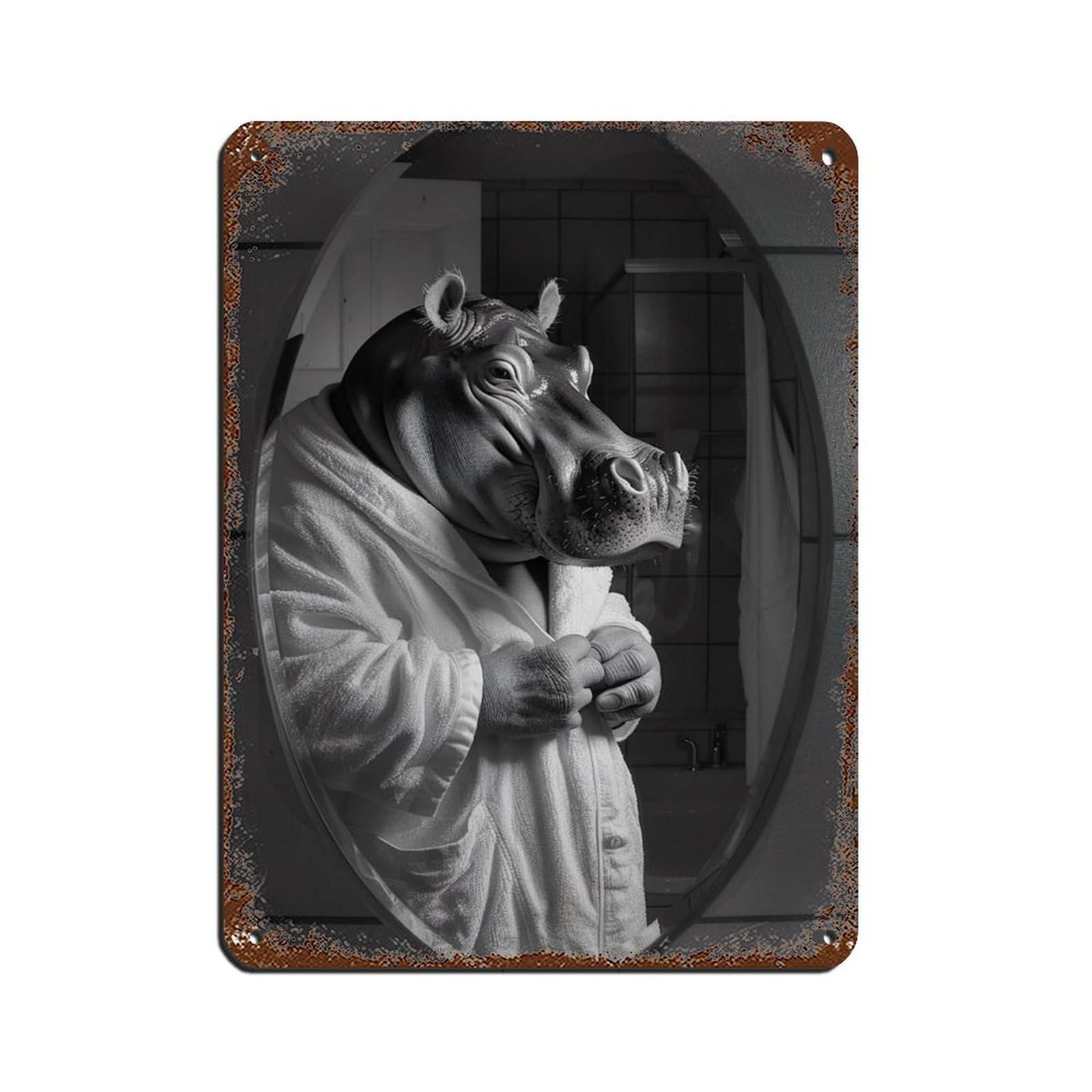 Hippo in A Bathrobe, Funny Bathroom Art Retro Poster Metal Tin Sign Chic Art Retro Iron Painting Bar People Cave Cafe Family Garage Poster Wall Decoration 12x16inch(30x40cm)