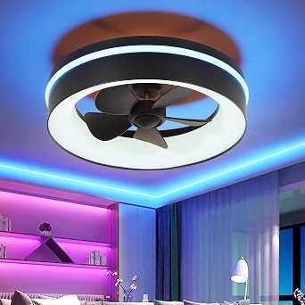 Smart Low Profle Ceiling Fans with RGB Lights Remote/APP Control, 18" Bladeless Ceiling Fans with 6 Speeds, Timer, Quiet DC Motor,for Gazabo,Game Room,Kids Bedroom,Living Room,Home Office