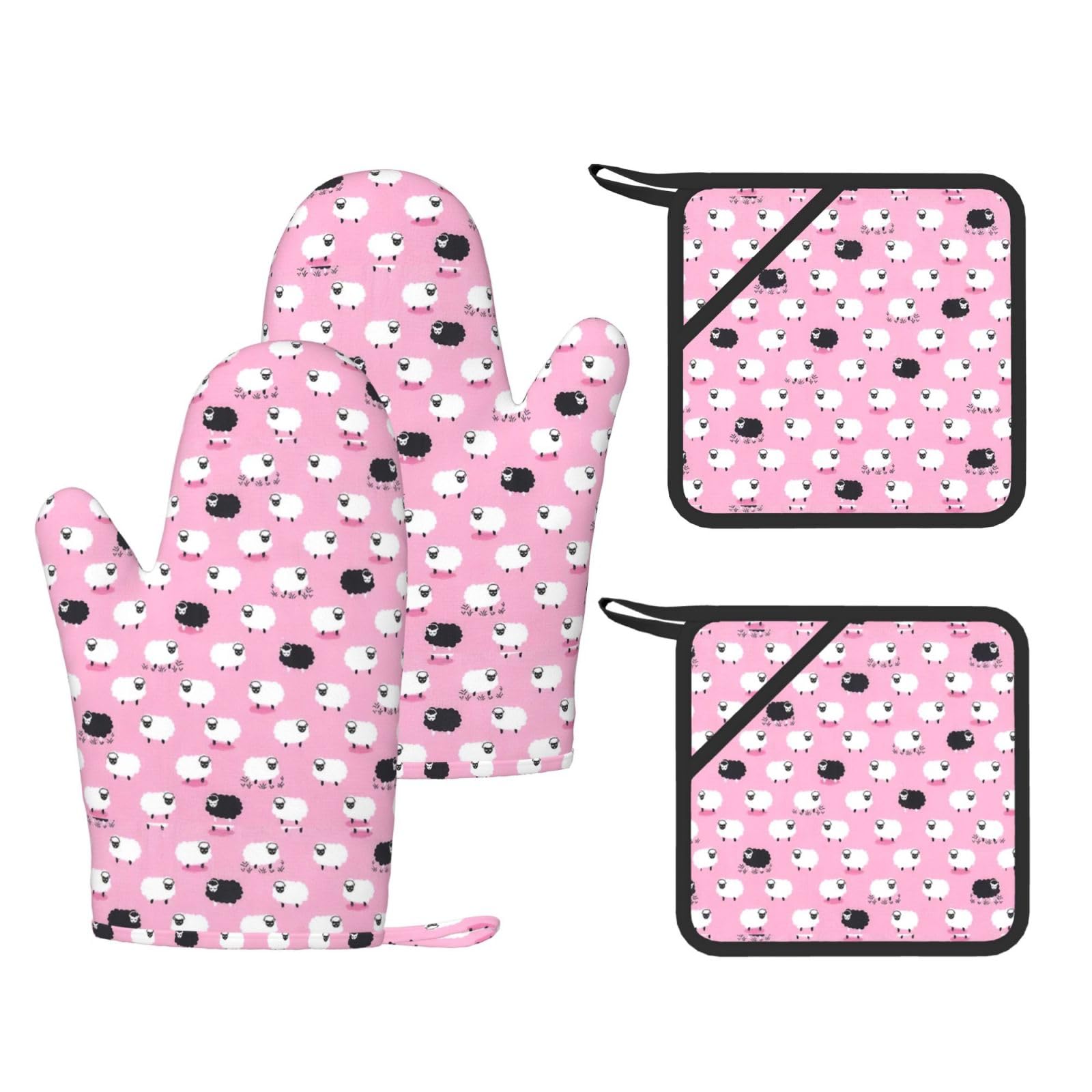 Nimongt Black White Sheep On Pink Background Print Heat Resistant Gloves Pads Reusable Kitchen Set Oven Baking Grilling Cooking